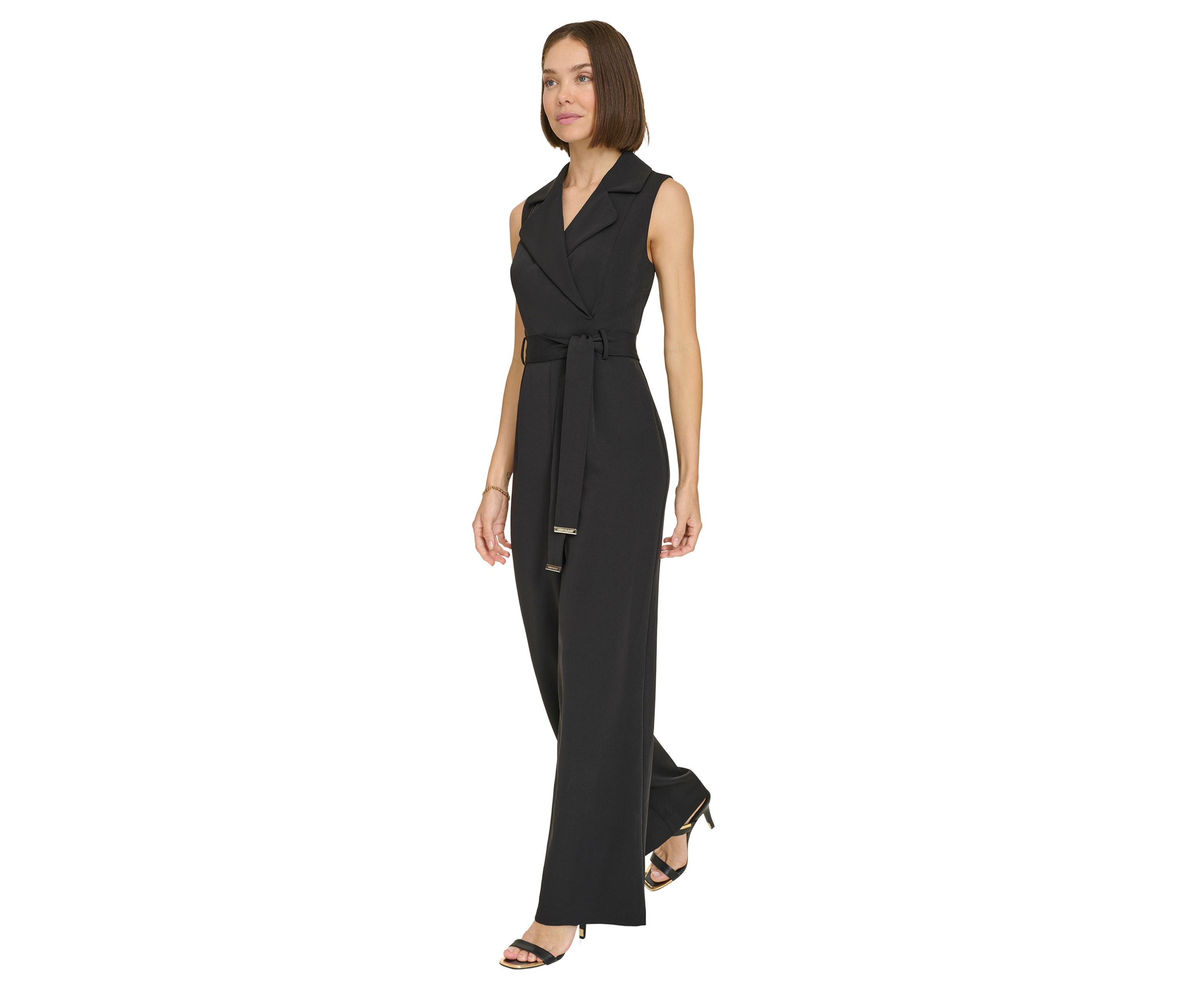 Womens Sleeveless Faux Wrap Self Tie Jumpsuit