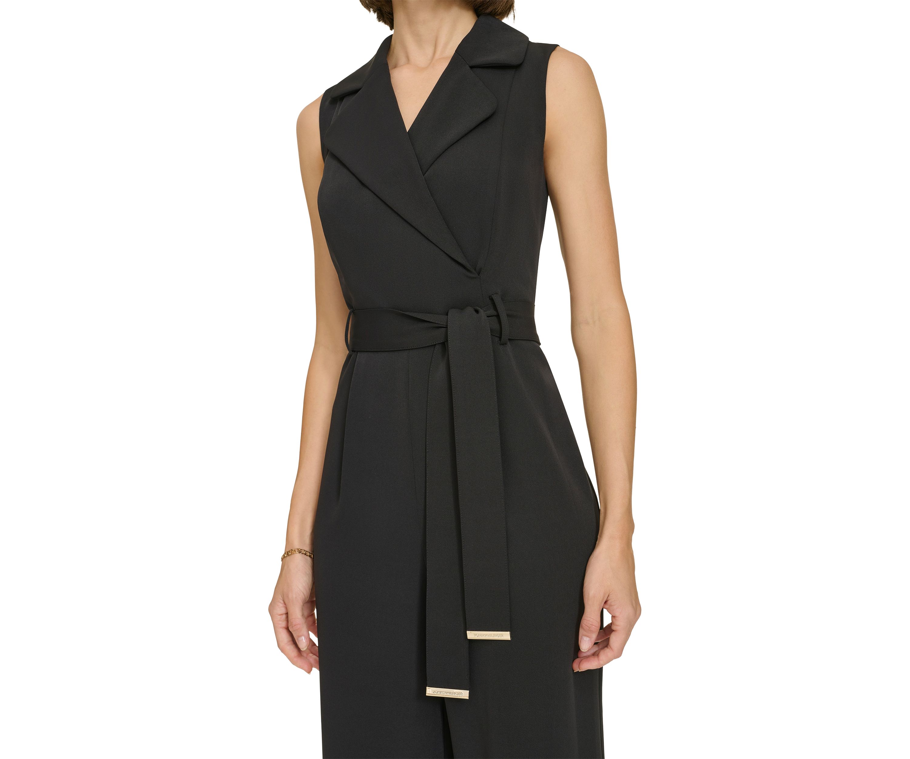 Womens Sleeveless Faux Wrap Self Tie Jumpsuit