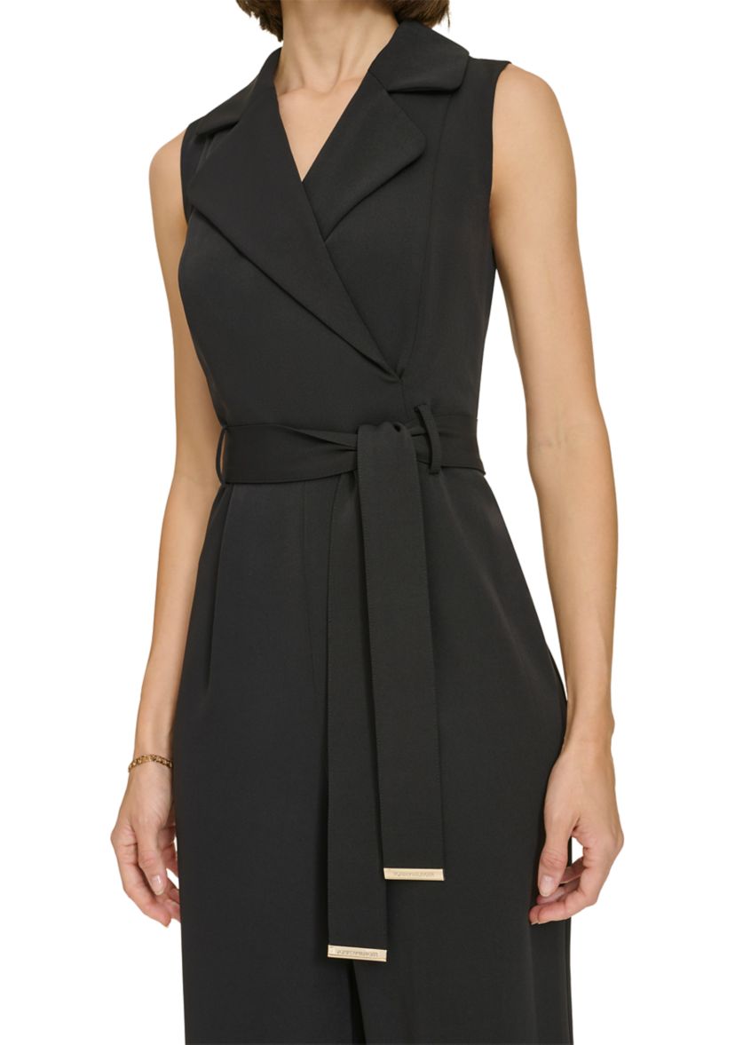 Womens Sleeveless Faux Wrap Self Tie Jumpsuit