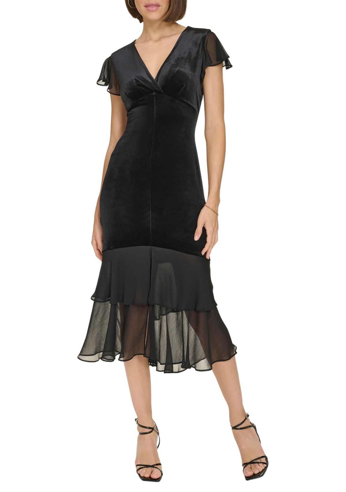 Womens Velvet Midi Dress with Chiffon Flutter Sleeves and Tiered Hem