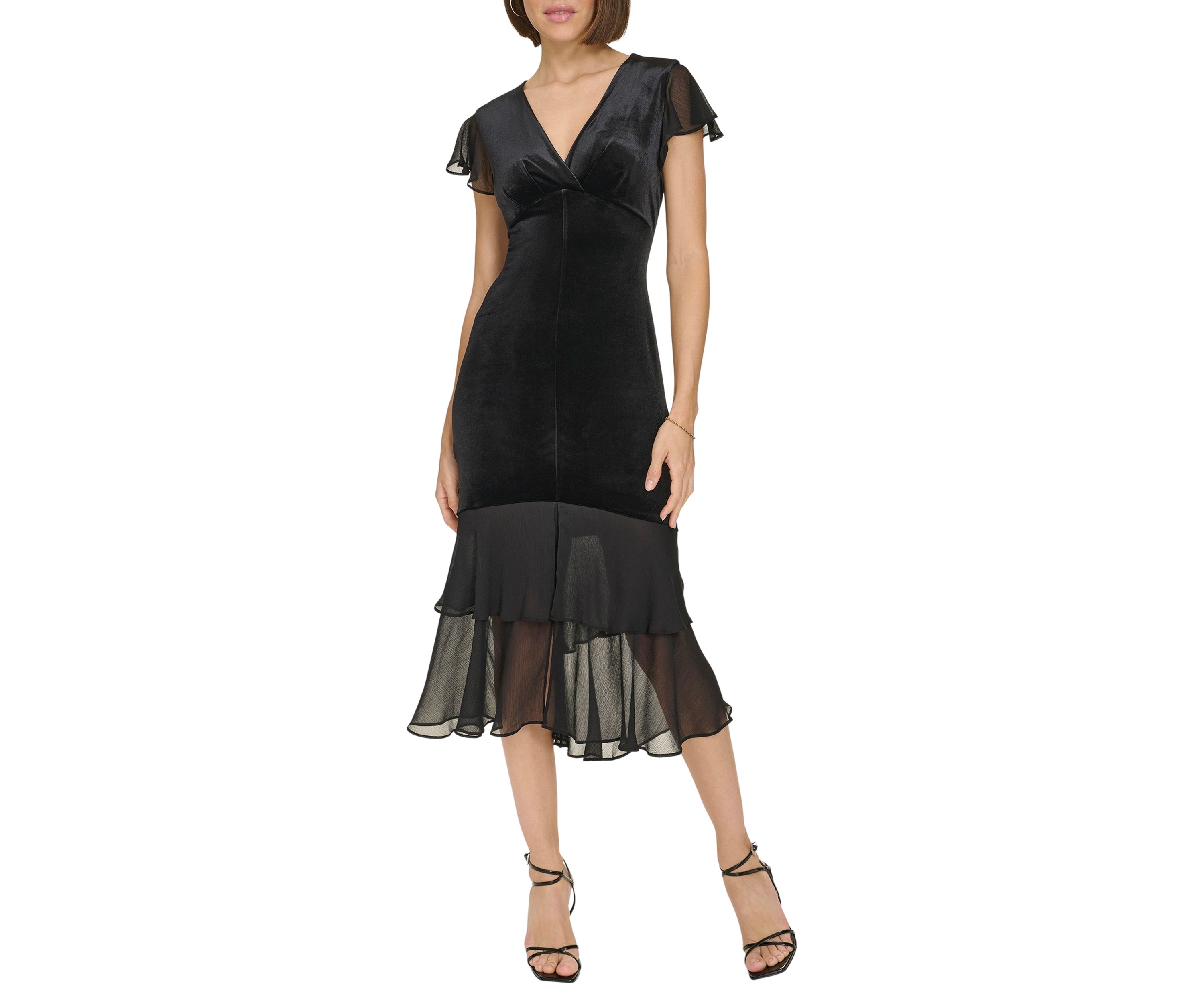 Womens Velvet Midi Dress with Chiffon Flutter Sleeves and Tiered Hem