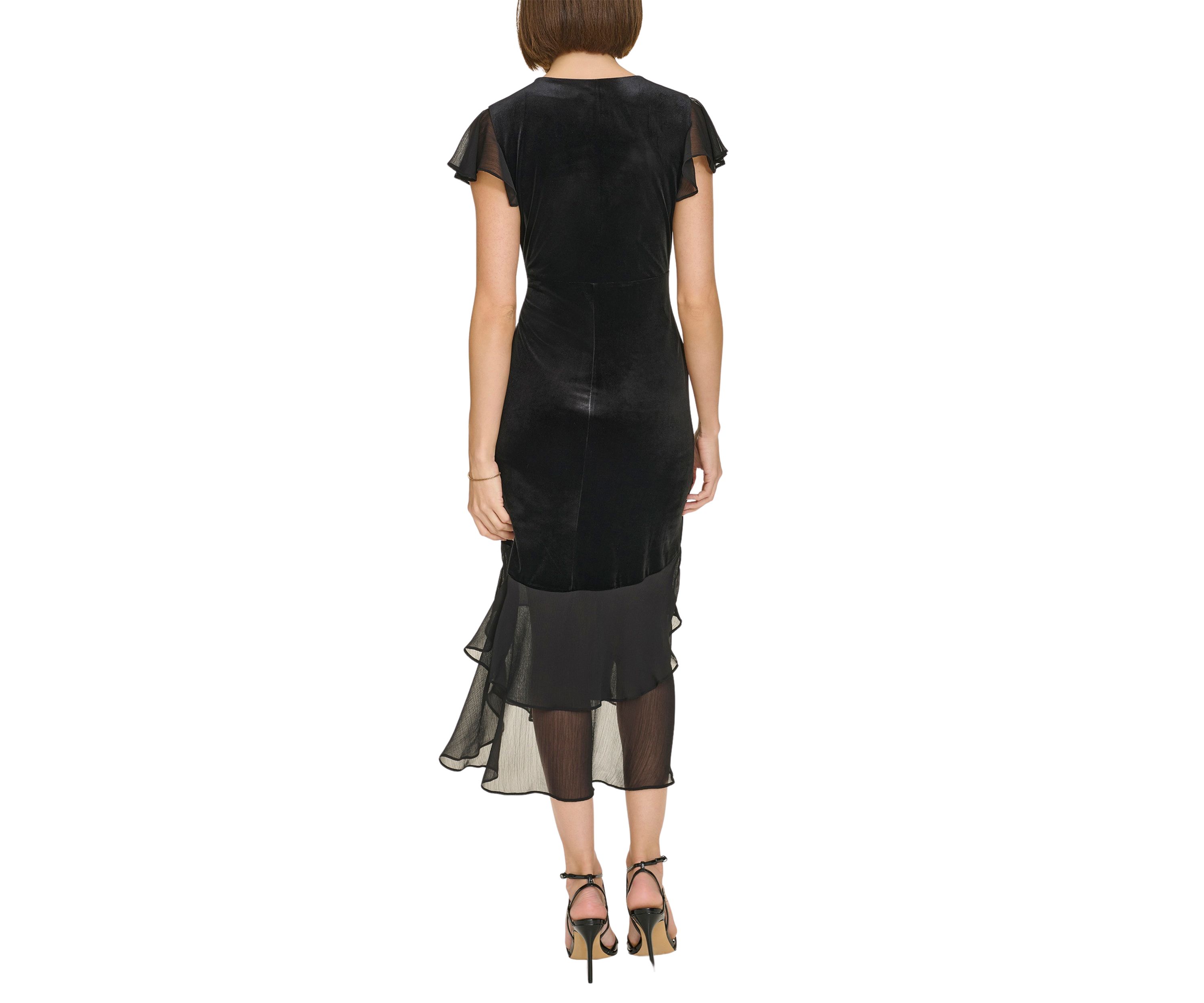 Womens Velvet Midi Dress with Chiffon Flutter Sleeves and Tiered Hem