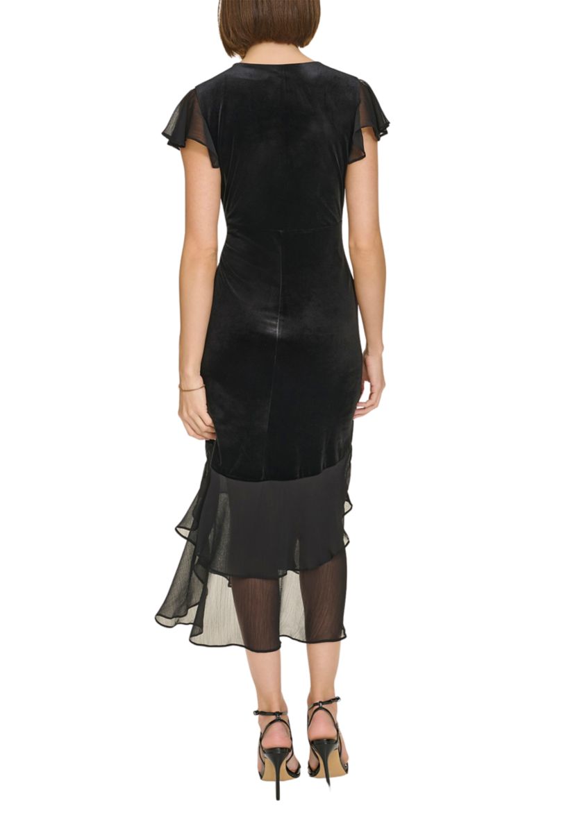 Womens Velvet Midi Dress with Chiffon Flutter Sleeves and Tiered Hem