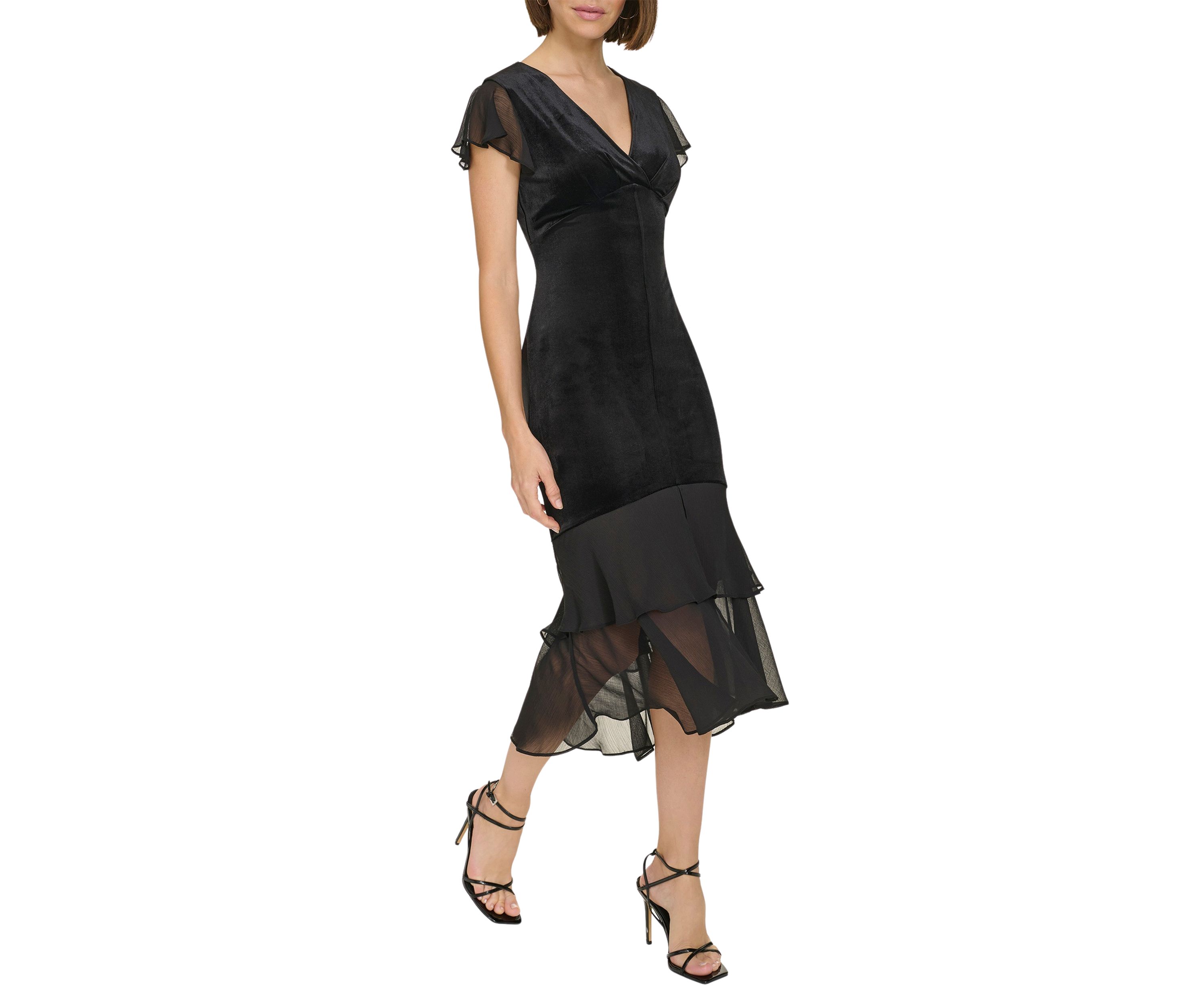 Womens Velvet Midi Dress with Chiffon Flutter Sleeves and Tiered Hem