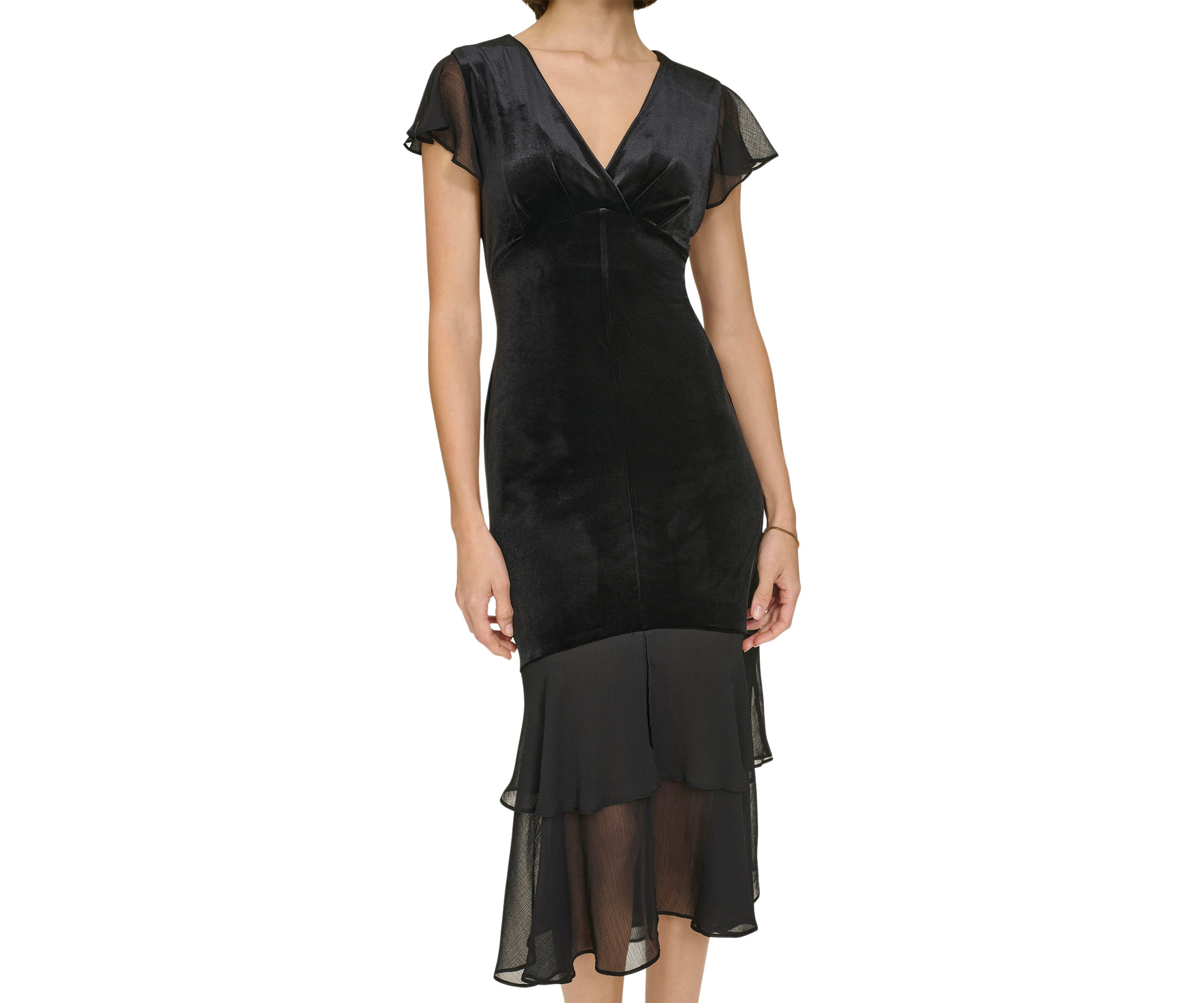 Womens Velvet Midi Dress with Chiffon Flutter Sleeves and Tiered Hem