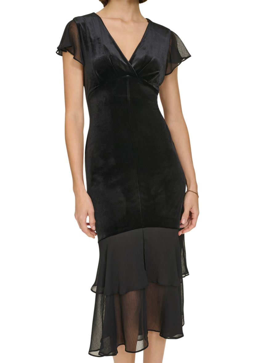 Womens Velvet Midi Dress with Chiffon Flutter Sleeves and Tiered Hem