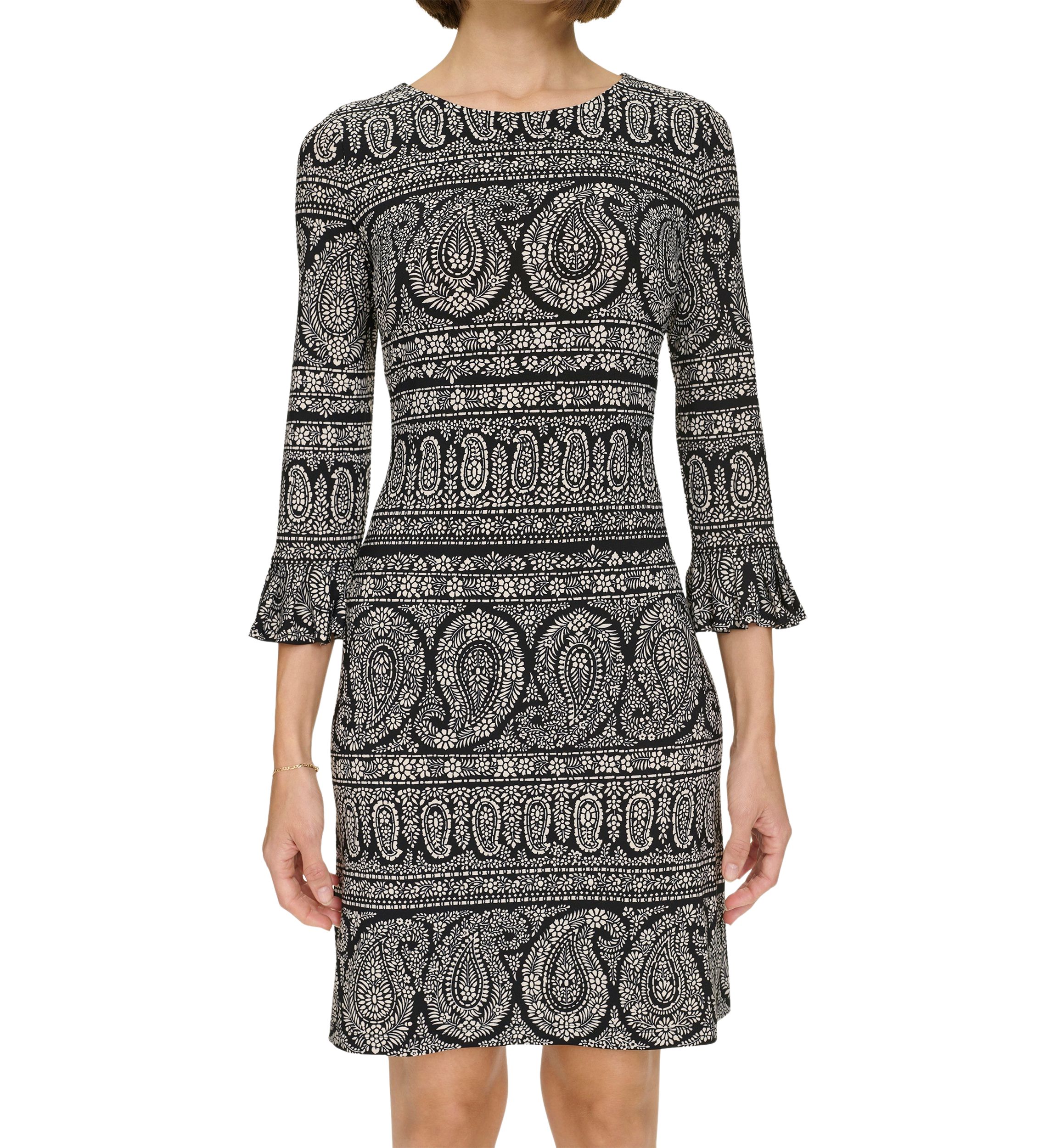 Womens 3/4 Sleeve Pleat Cuff Floral Paisley Shift Dress