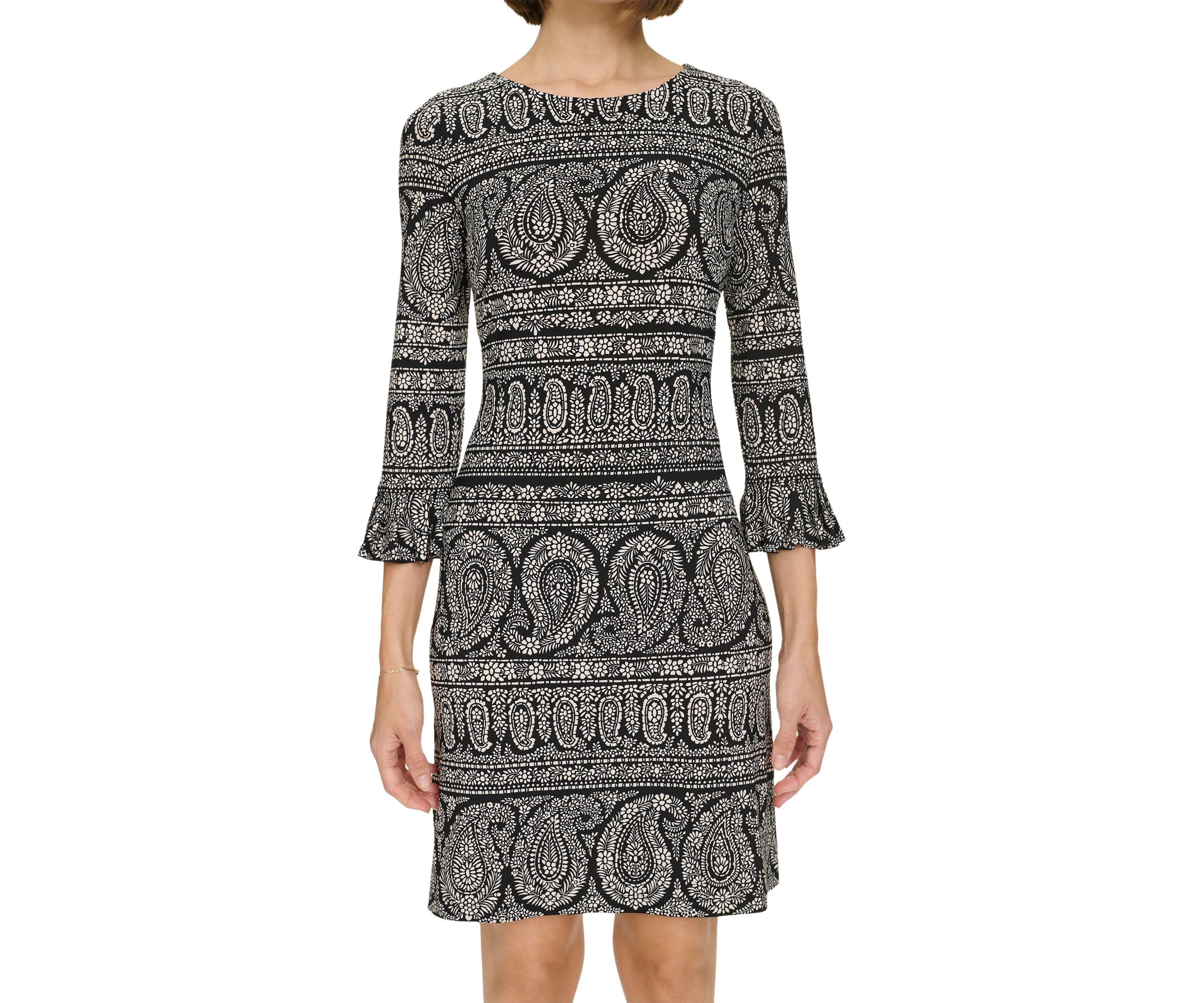 Womens 3/4 Sleeve Pleat Cuff Floral Paisley Shift Dress