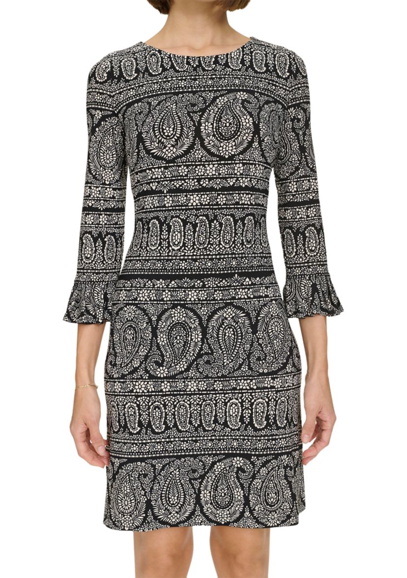 Womens 3/4 Sleeve Pleat Cuff Floral Paisley Shift Dress