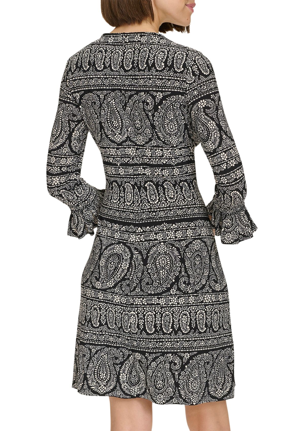 Womens 3/4 Sleeve Pleat Cuff Floral Paisley Shift Dress