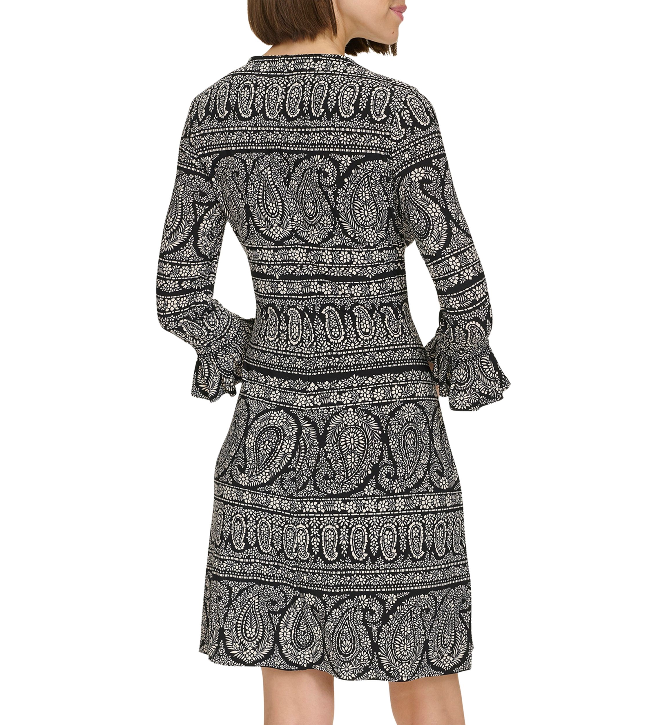 Womens 3/4 Sleeve Pleat Cuff Floral Paisley Shift Dress