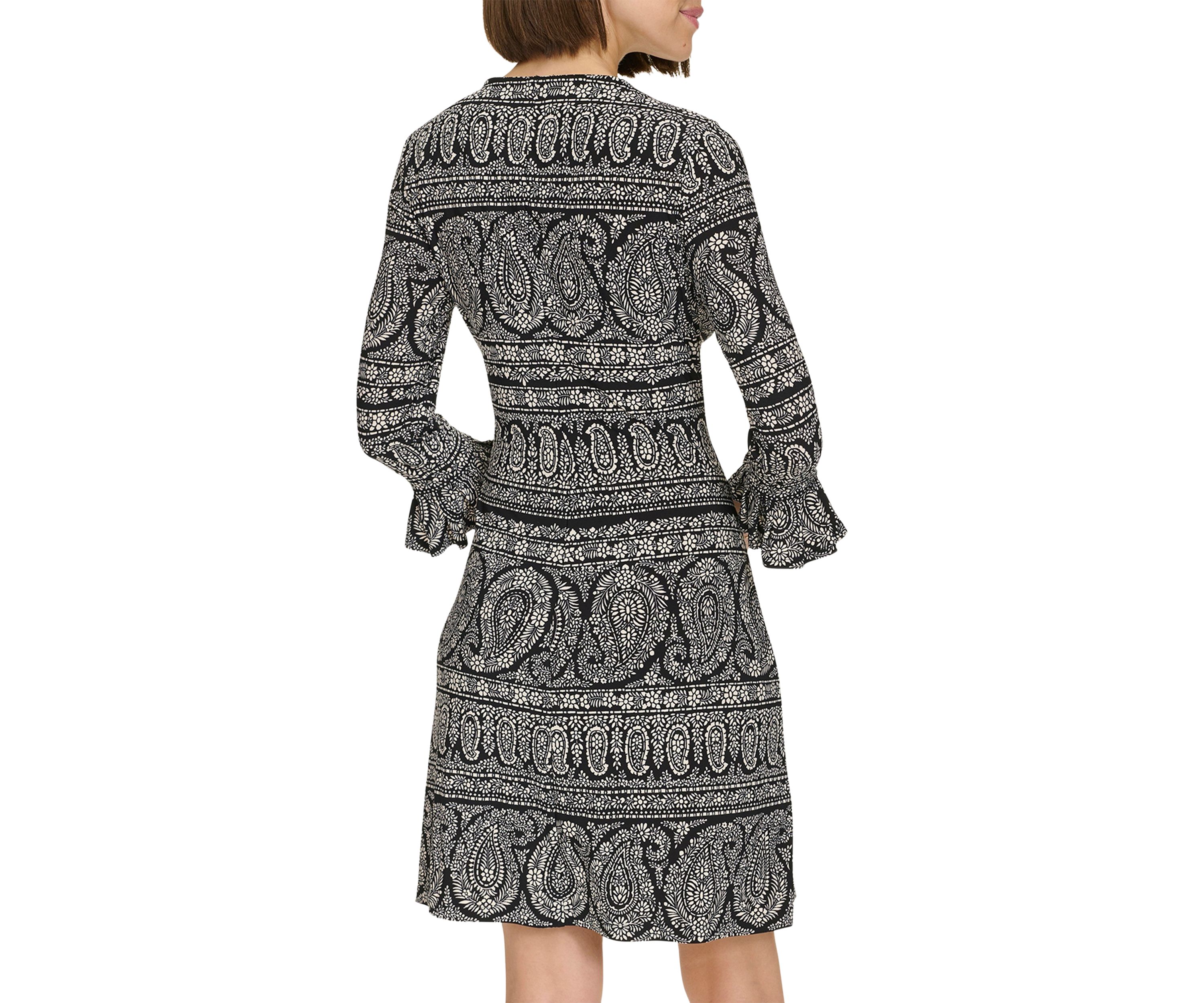 Womens 3/4 Sleeve Pleat Cuff Floral Paisley Shift Dress