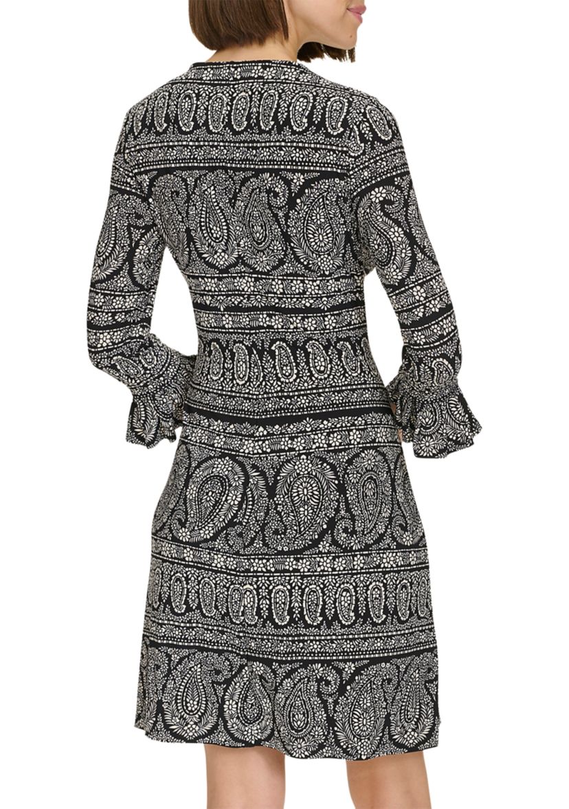 Womens 3/4 Sleeve Pleat Cuff Floral Paisley Shift Dress