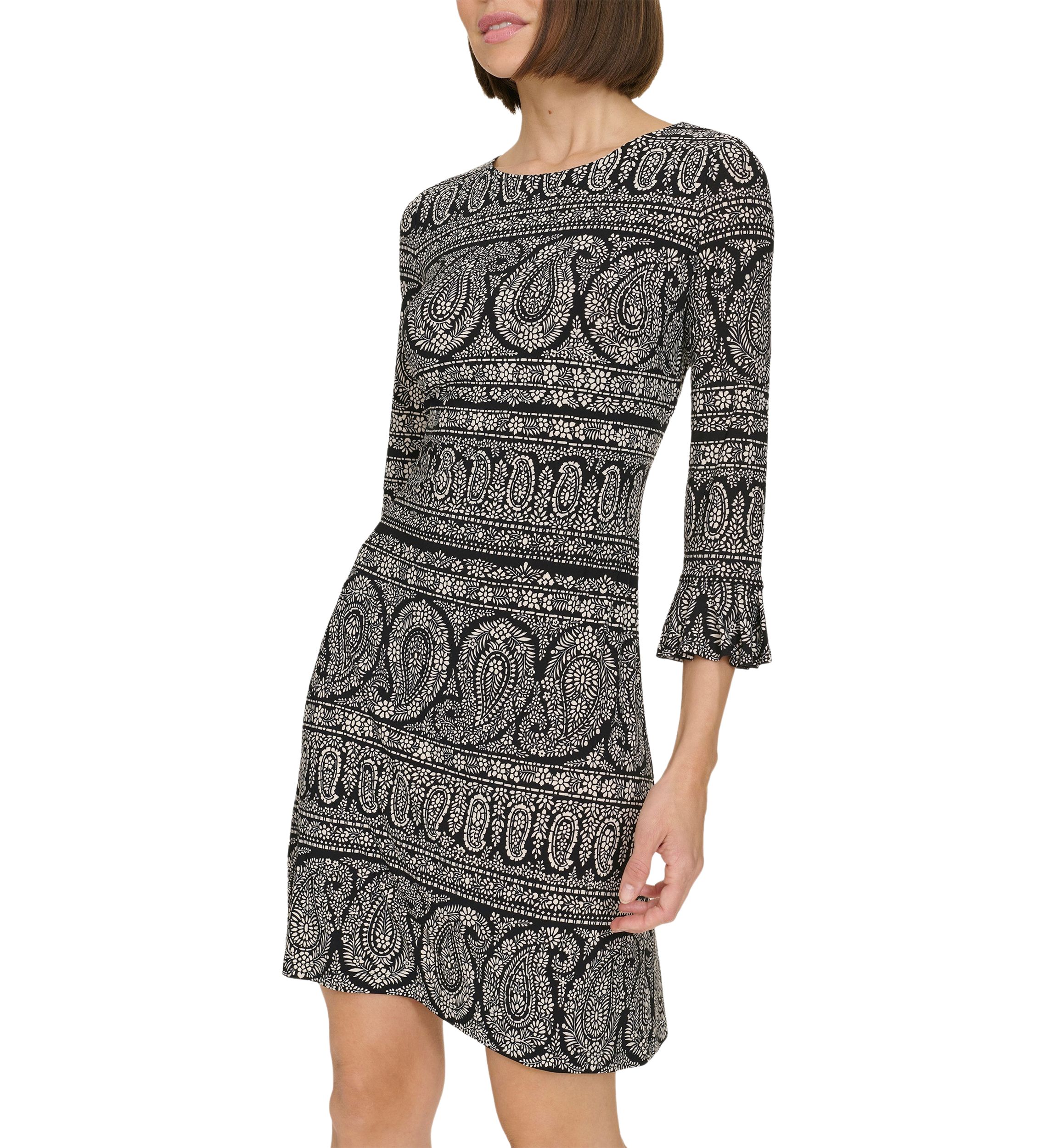 Womens 3/4 Sleeve Pleat Cuff Floral Paisley Shift Dress