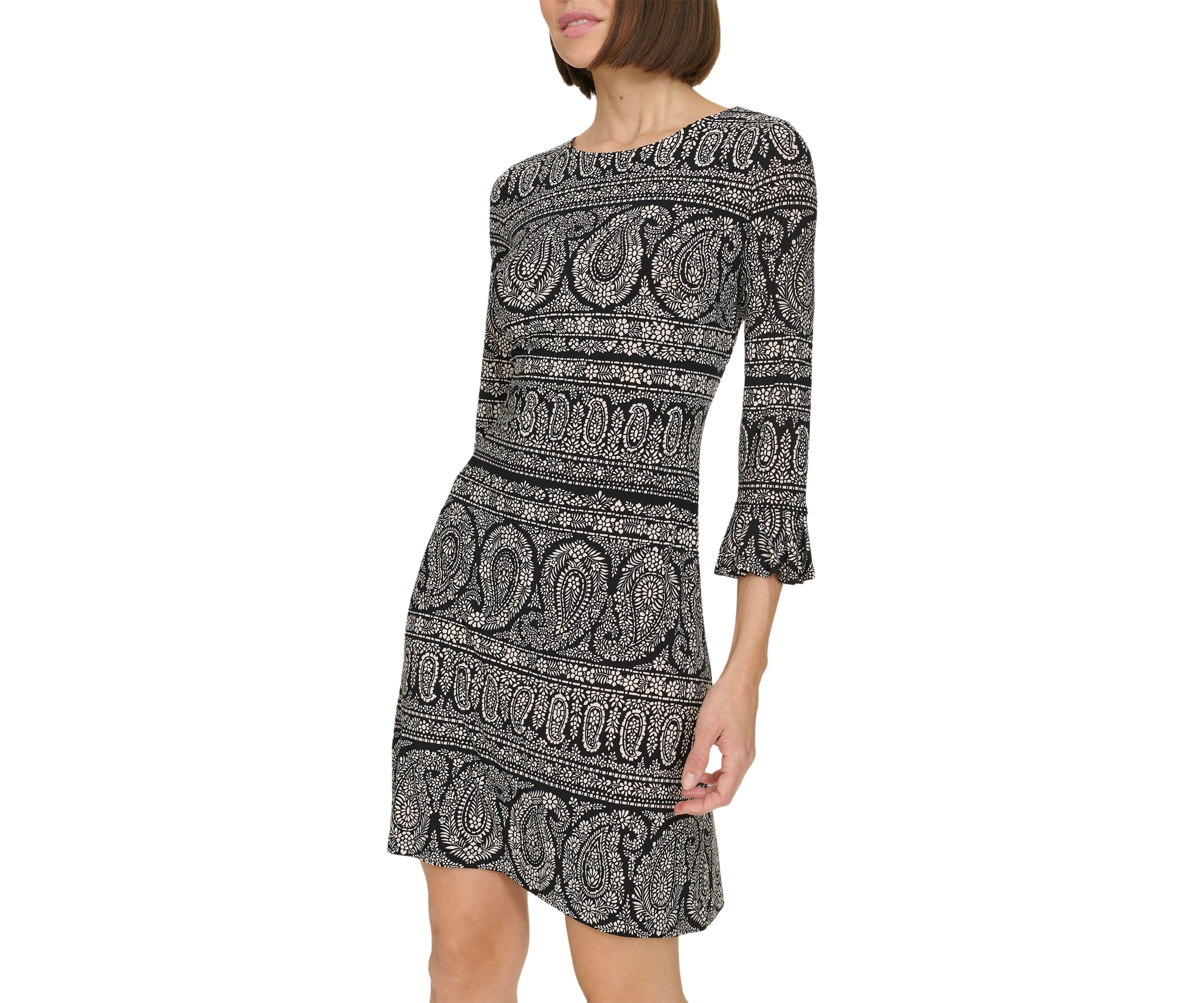 Womens 3/4 Sleeve Pleat Cuff Floral Paisley Shift Dress