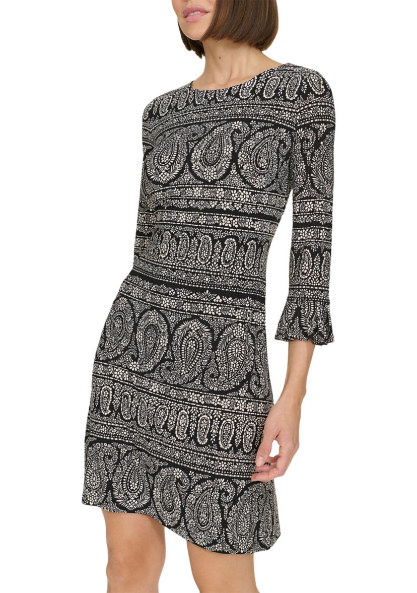 Womens 3/4 Sleeve Pleat Cuff Floral Paisley Shift Dress