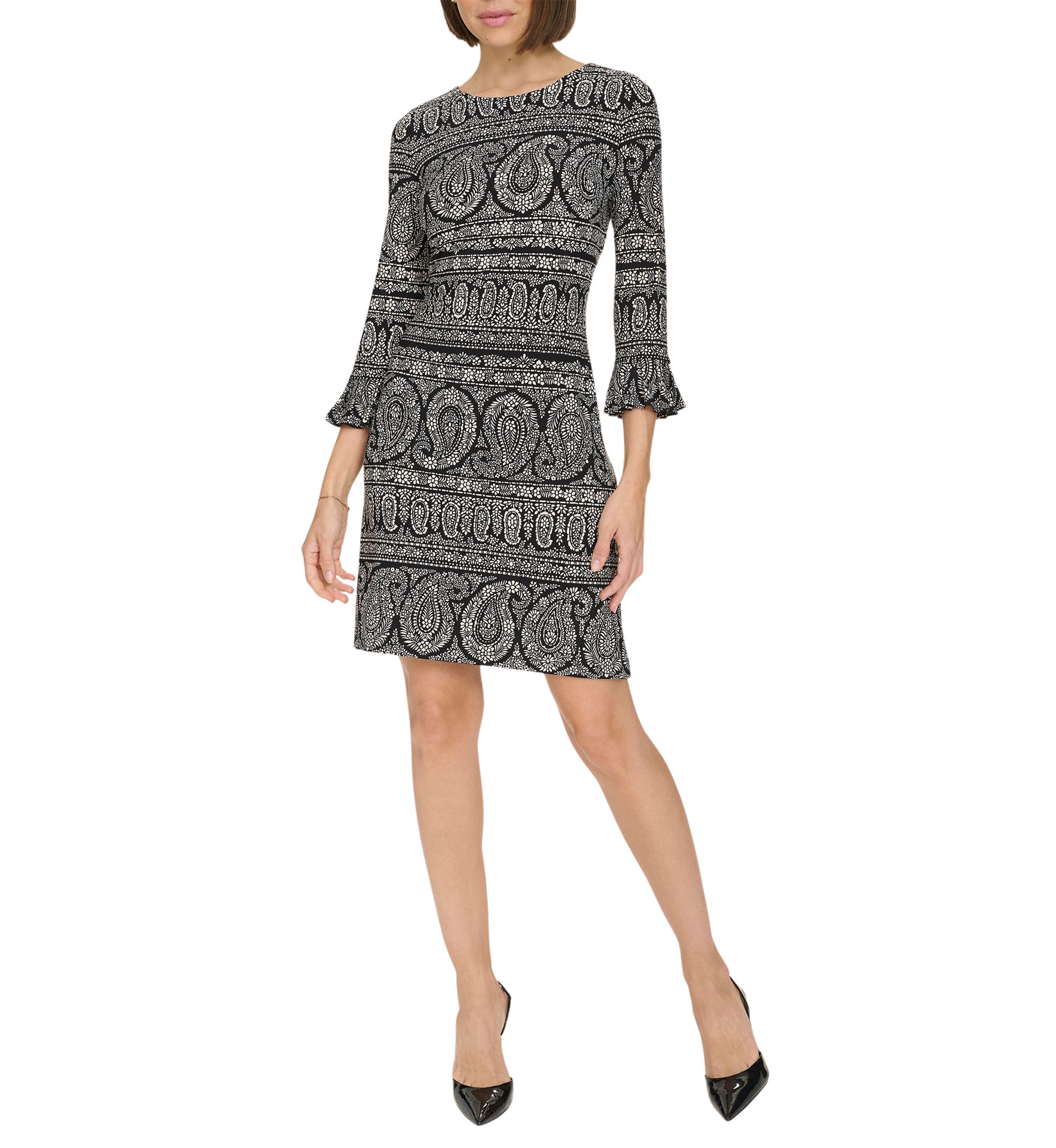 Womens 3/4 Sleeve Pleat Cuff Floral Paisley Shift Dress