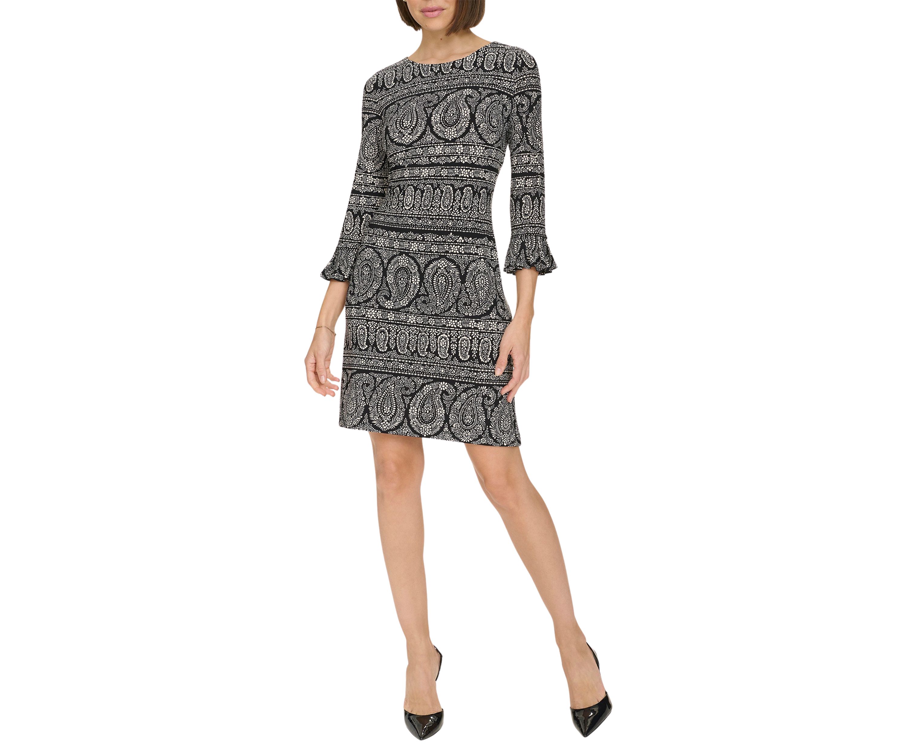 Womens 3/4 Sleeve Pleat Cuff Floral Paisley Shift Dress