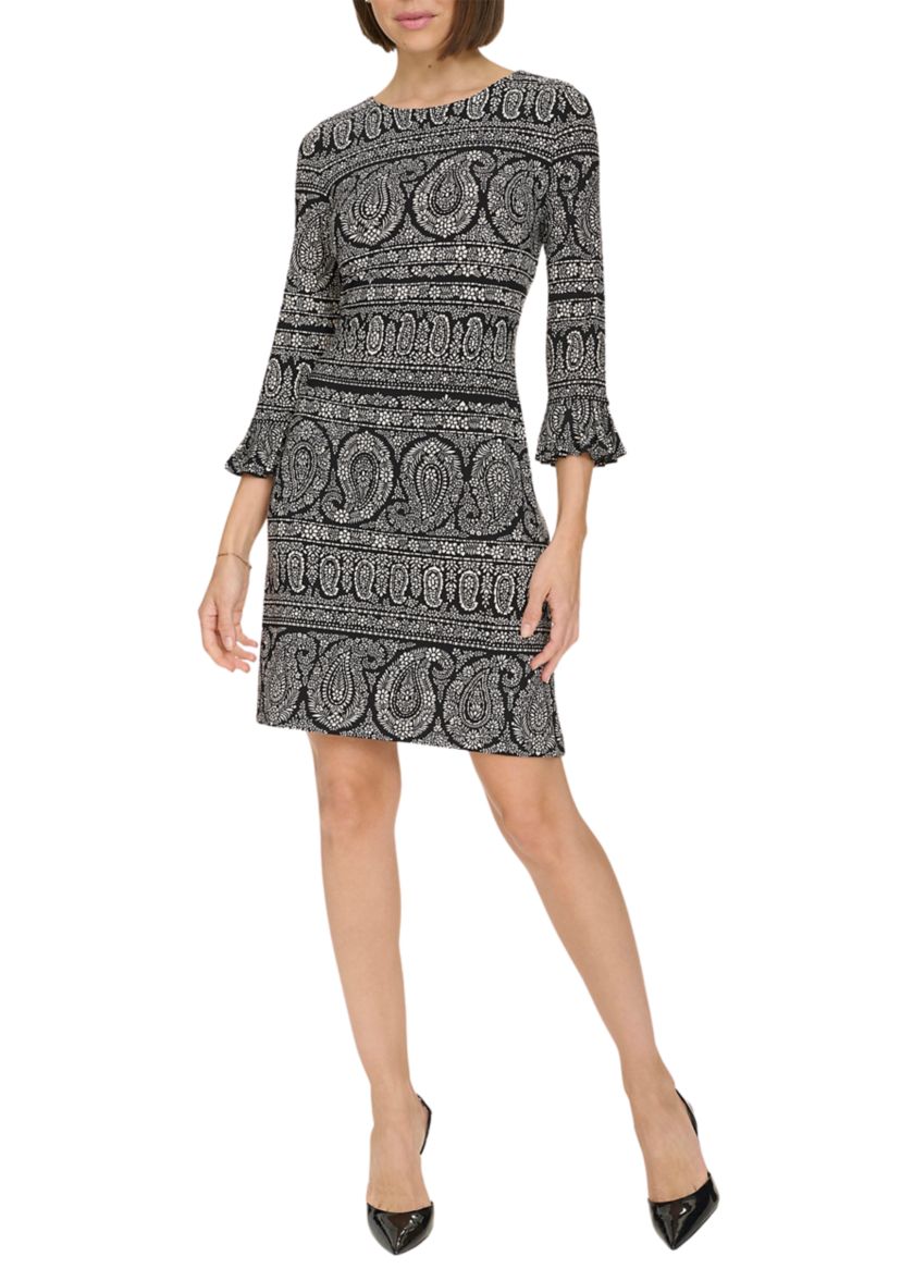 Womens 3/4 Sleeve Pleat Cuff Floral Paisley Shift Dress