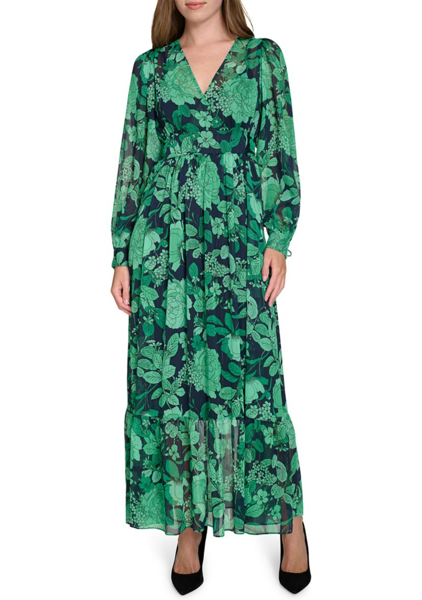 Womens Long Blouson Surplice Tiered Chiffon Printed Maxi Dress