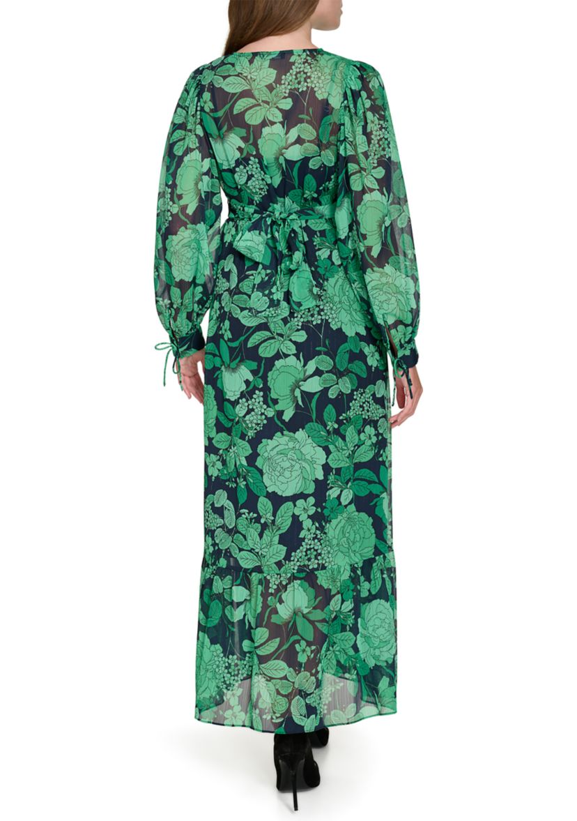 Womens Long Blouson Surplice Tiered Chiffon Printed Maxi Dress