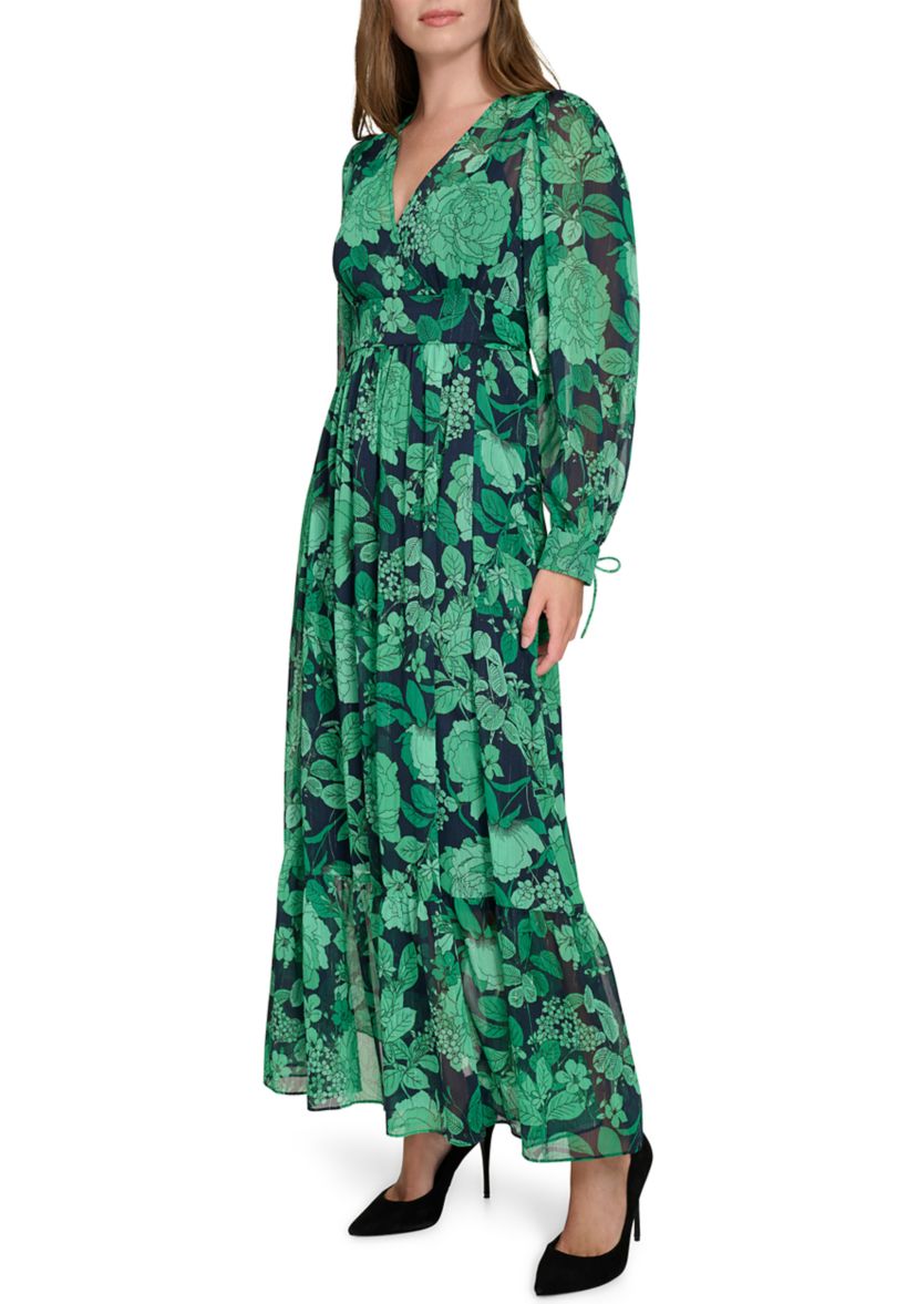 Womens Long Blouson Surplice Tiered Chiffon Printed Maxi Dress