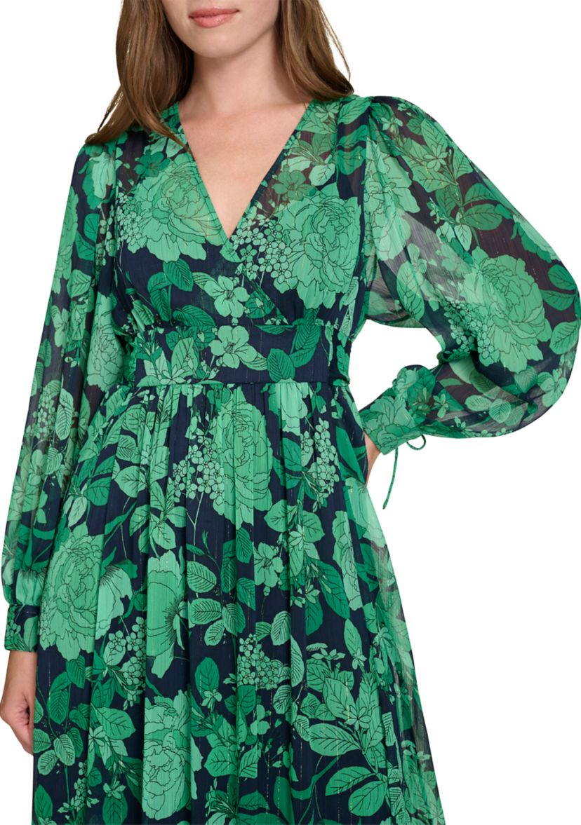 Womens Long Blouson Surplice Tiered Chiffon Printed Maxi Dress
