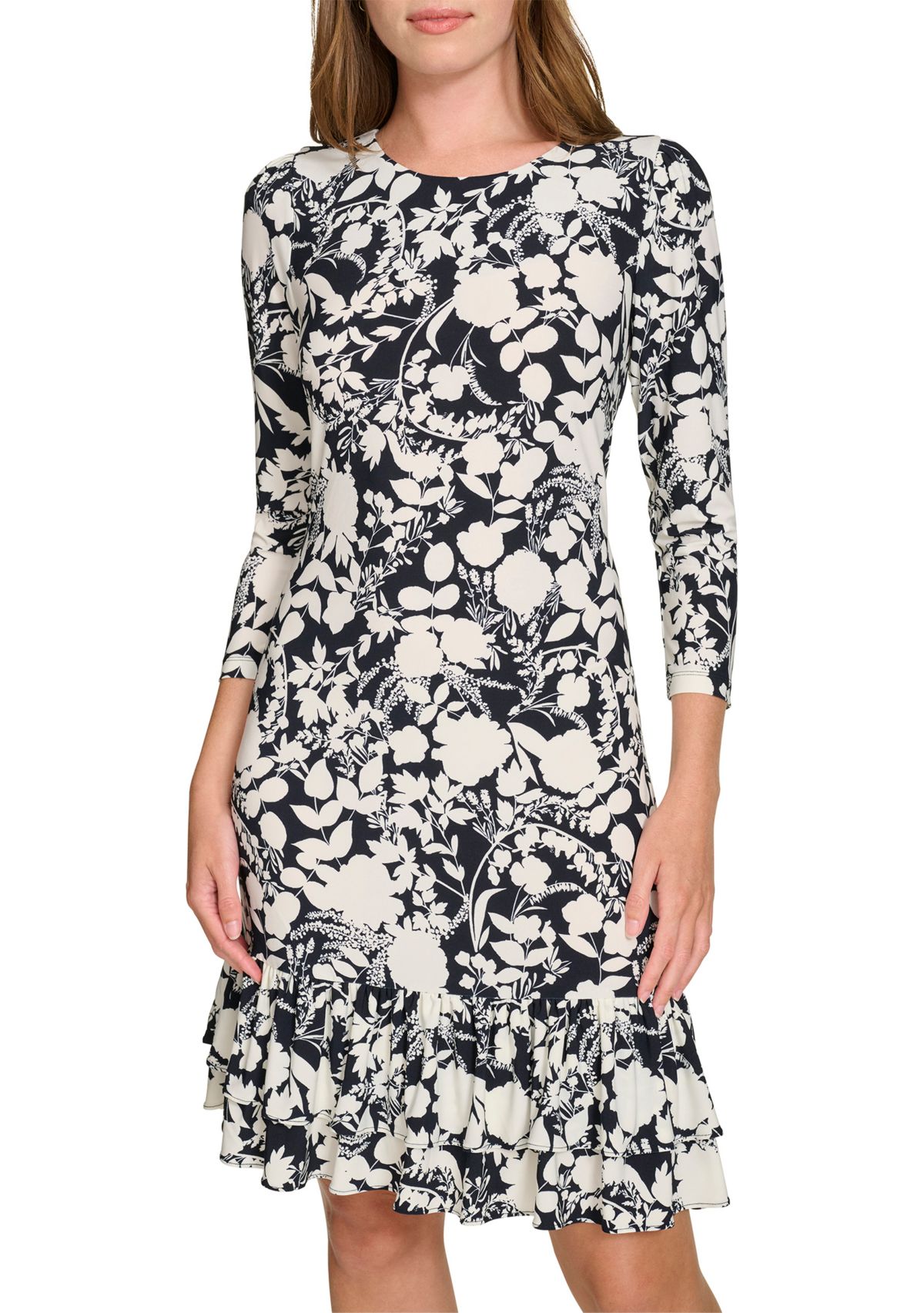 Womens 3/4 Sleeve Double Ruffle Hem Jersey Shift Dress