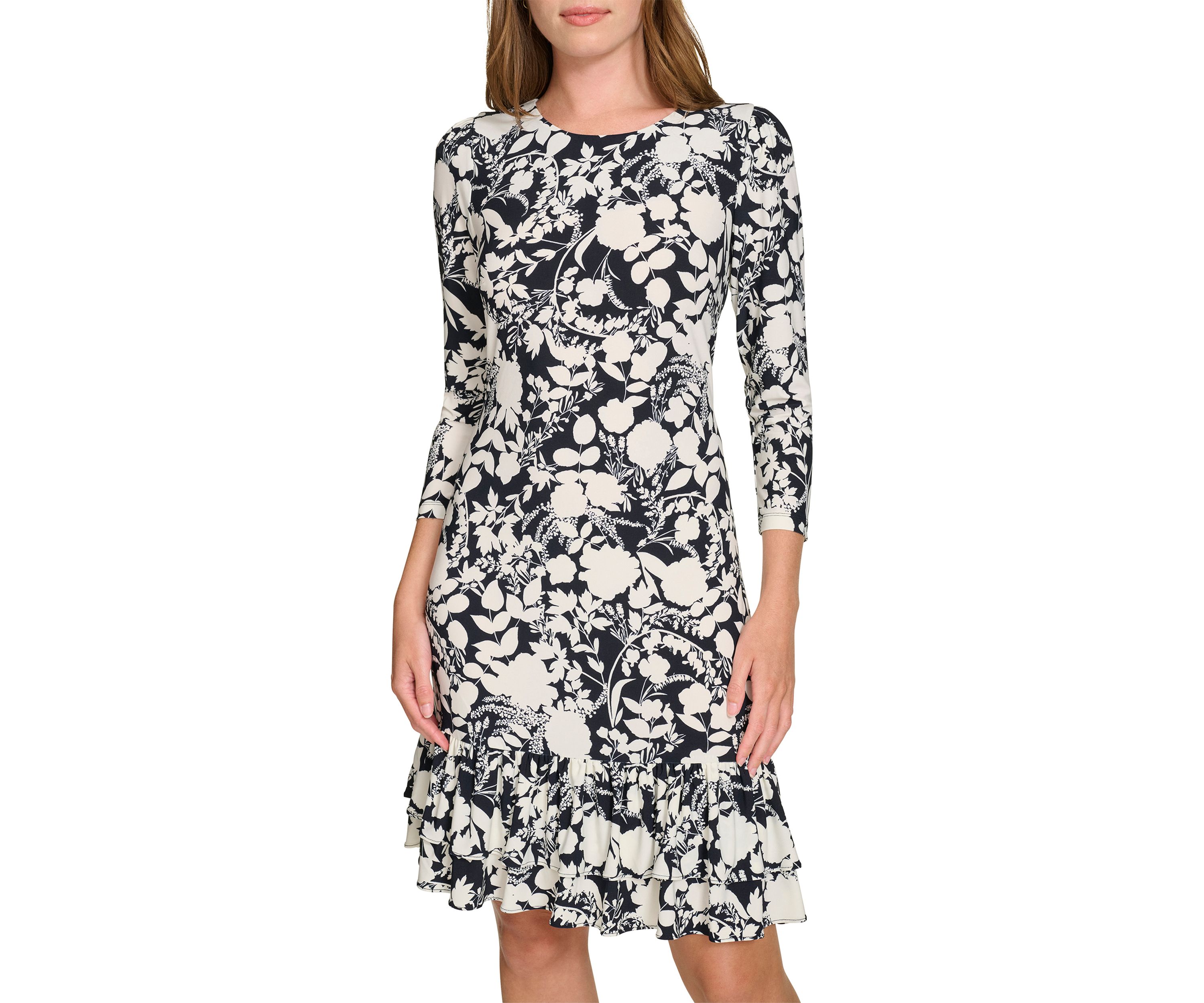 Womens 3/4 Sleeve Double Ruffle Hem Jersey Shift Dress
