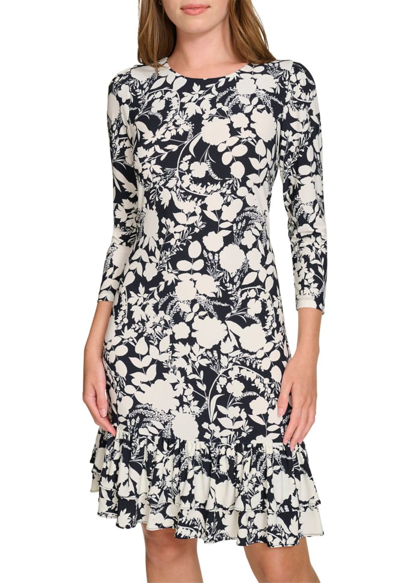 Womens 3/4 Sleeve Double Ruffle Hem Jersey Shift Dress
