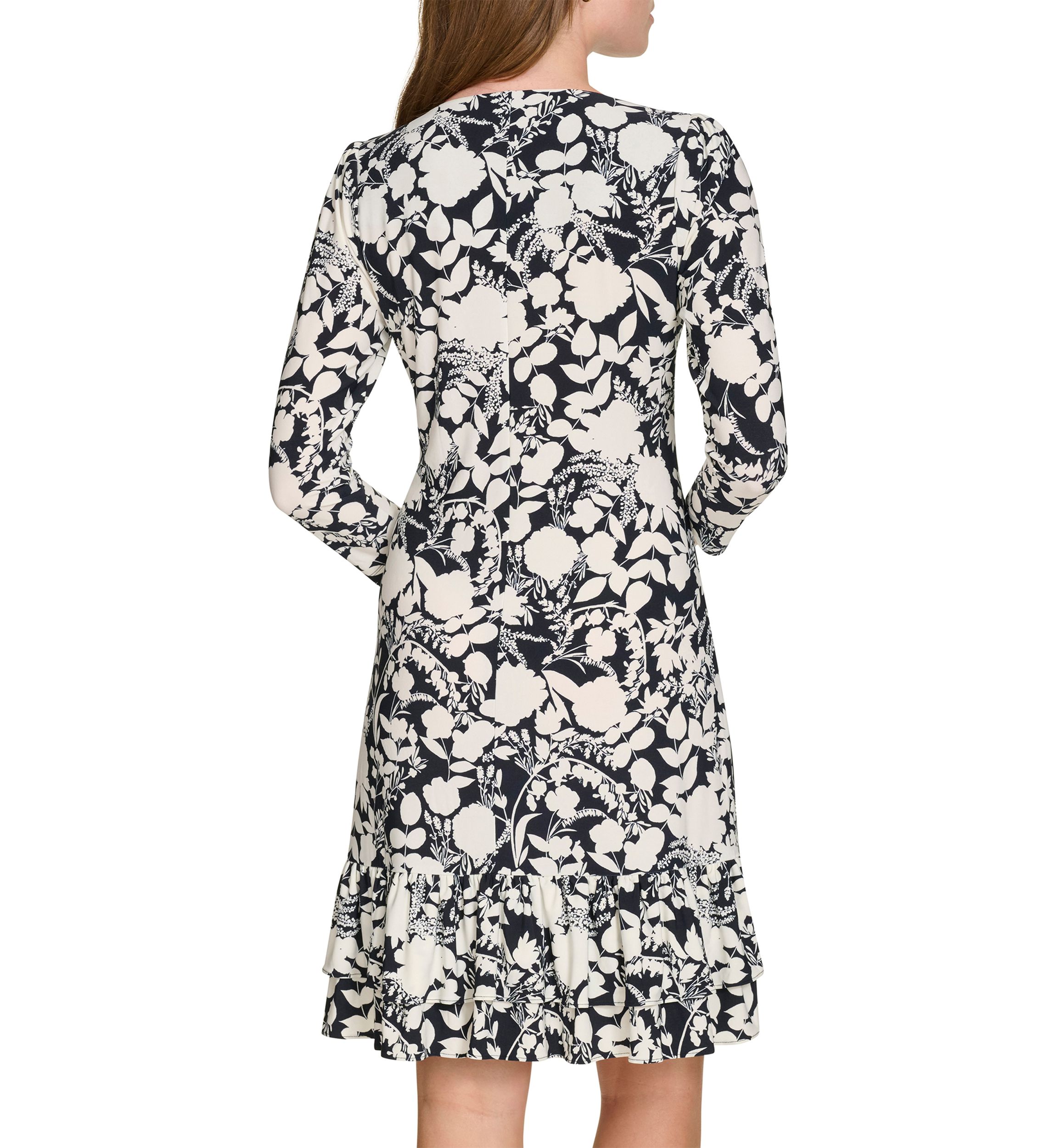 Womens 3/4 Sleeve Double Ruffle Hem Jersey Shift Dress