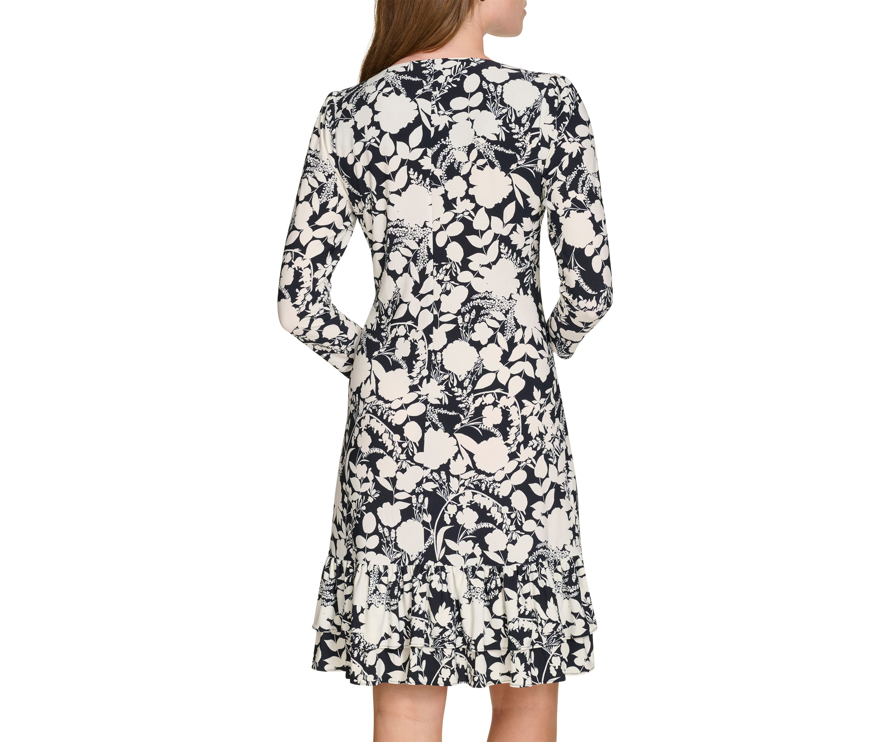 Womens 3/4 Sleeve Double Ruffle Hem Jersey Shift Dress