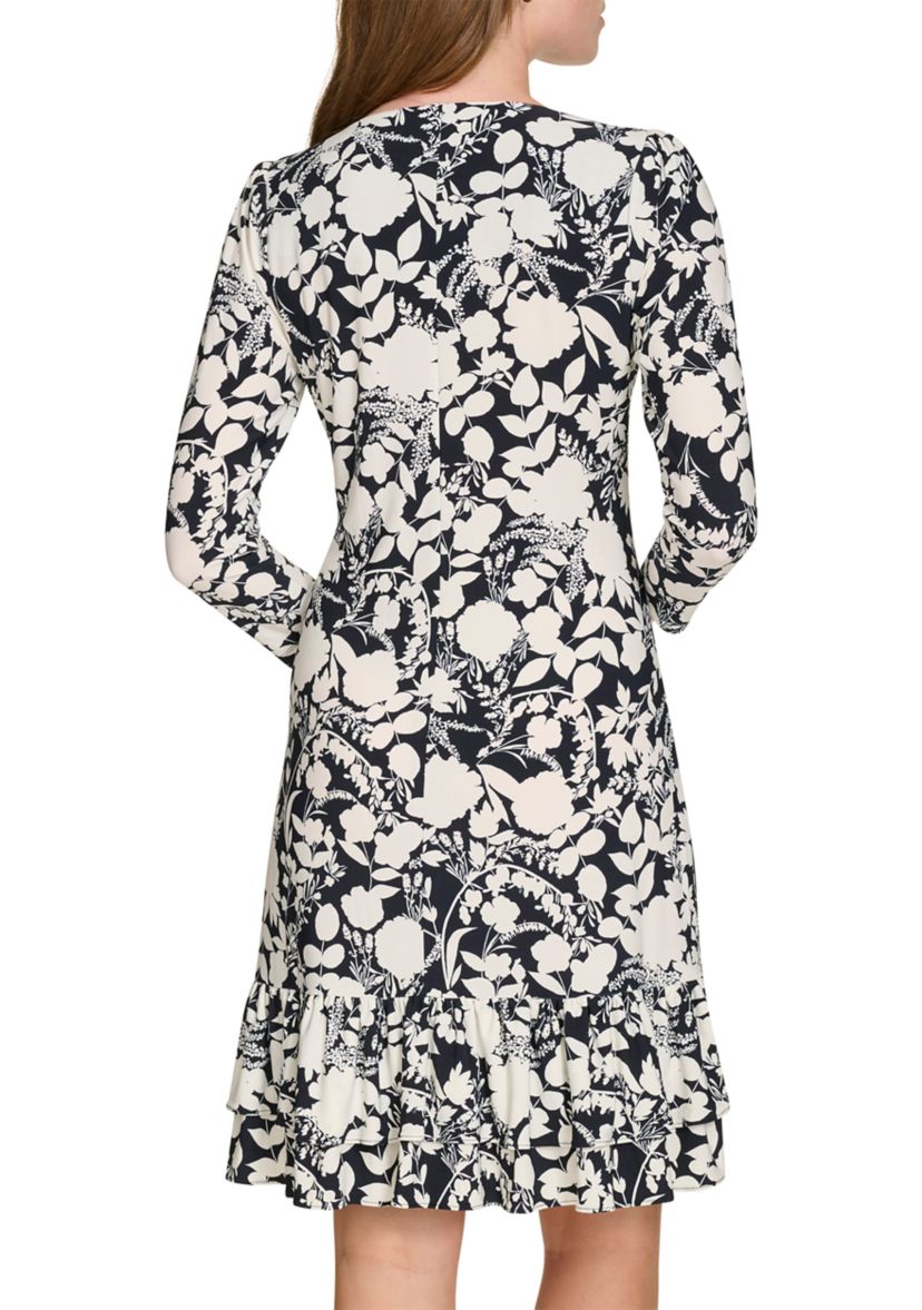 Womens 3/4 Sleeve Double Ruffle Hem Jersey Shift Dress