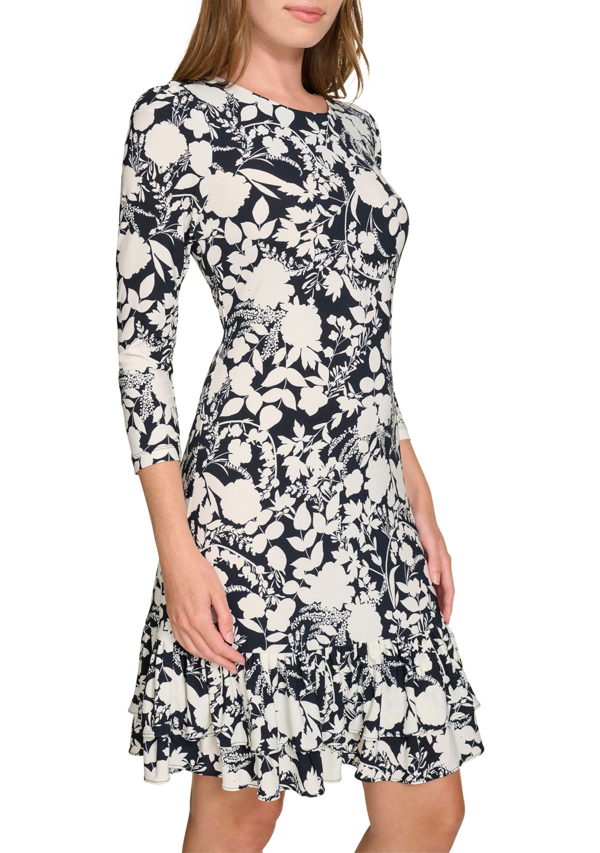 Womens 3/4 Sleeve Double Ruffle Hem Jersey Shift Dress