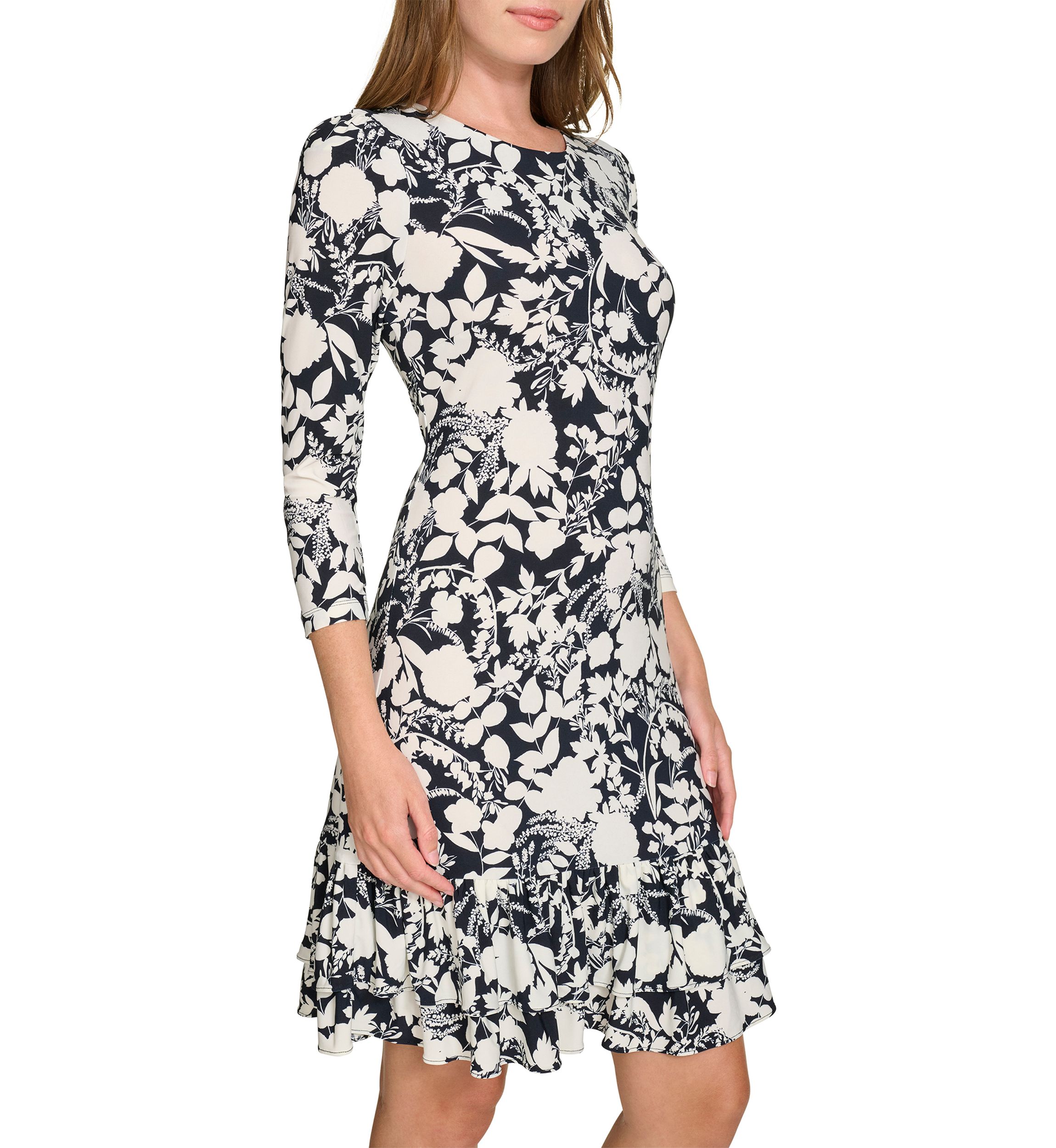 Womens 3/4 Sleeve Double Ruffle Hem Jersey Shift Dress