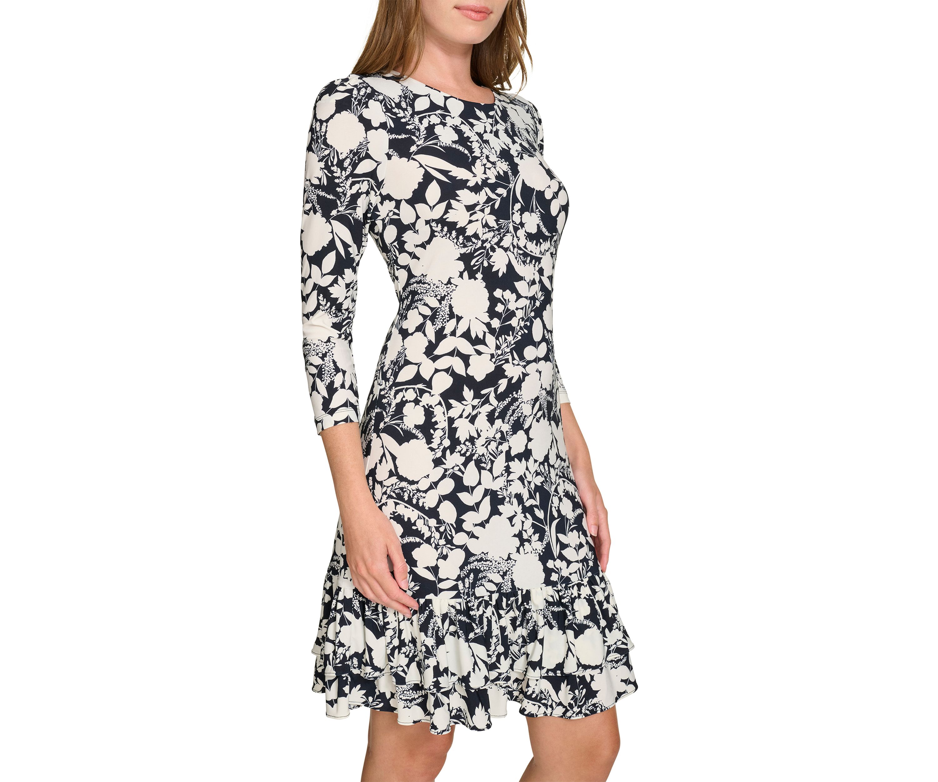 Womens 3/4 Sleeve Double Ruffle Hem Jersey Shift Dress