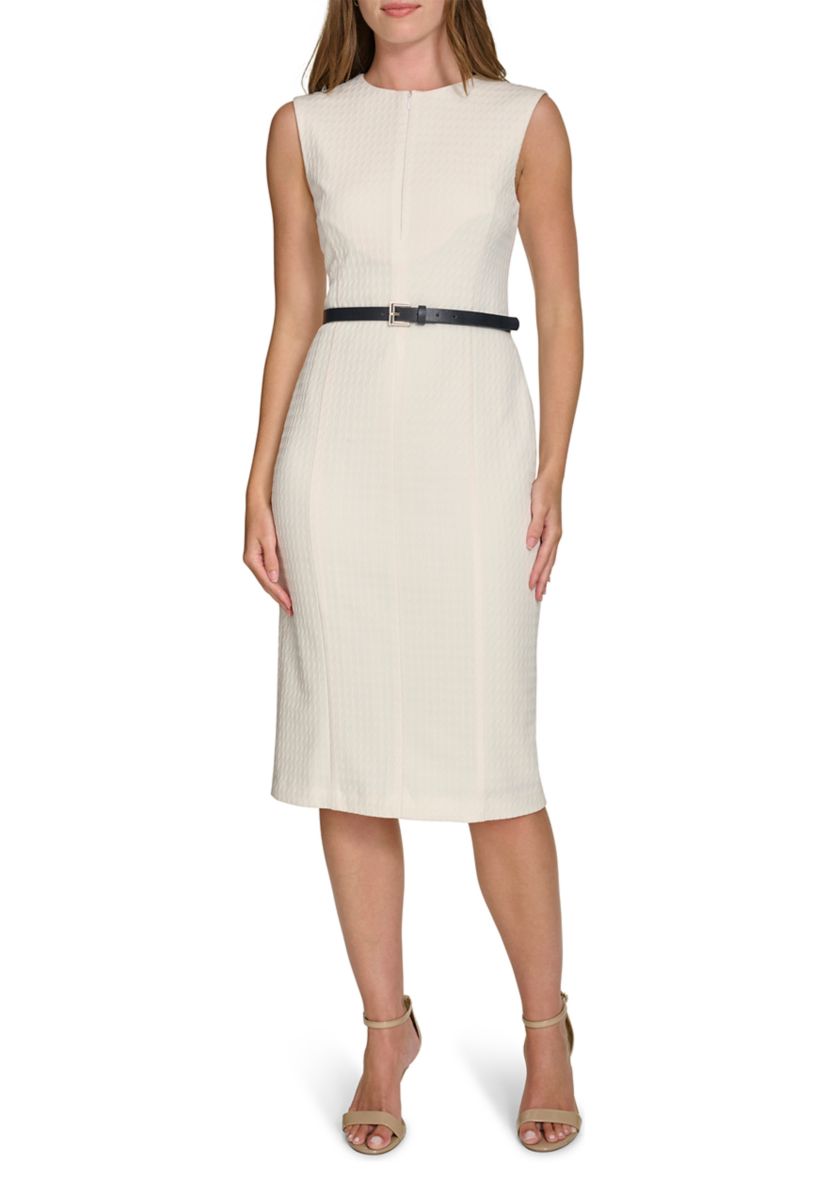 Womens Sleeveless Zip Front Textured Knit Sheath Dress