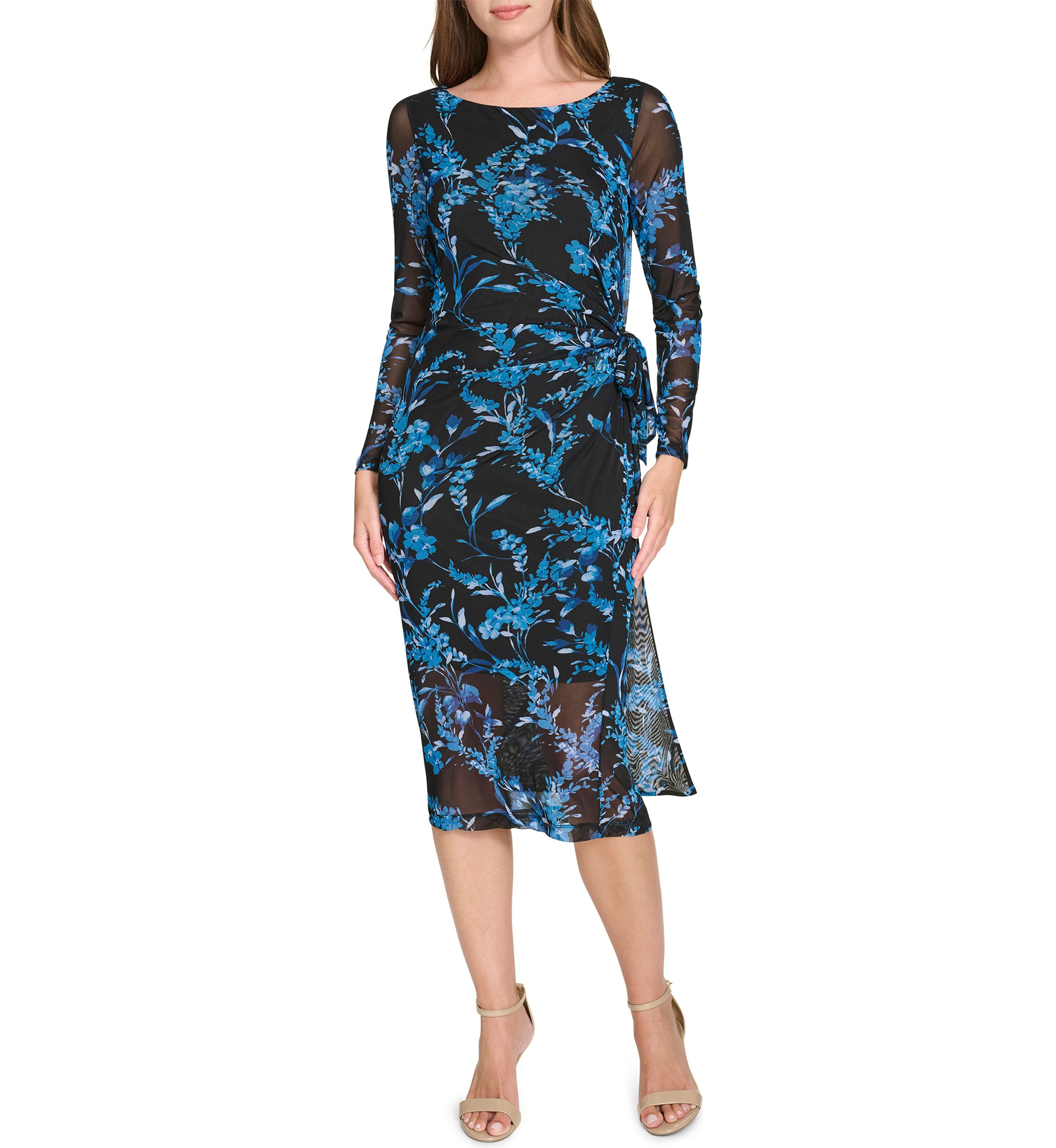 Womens Floral Printed Mesh Midi Sheath Dress