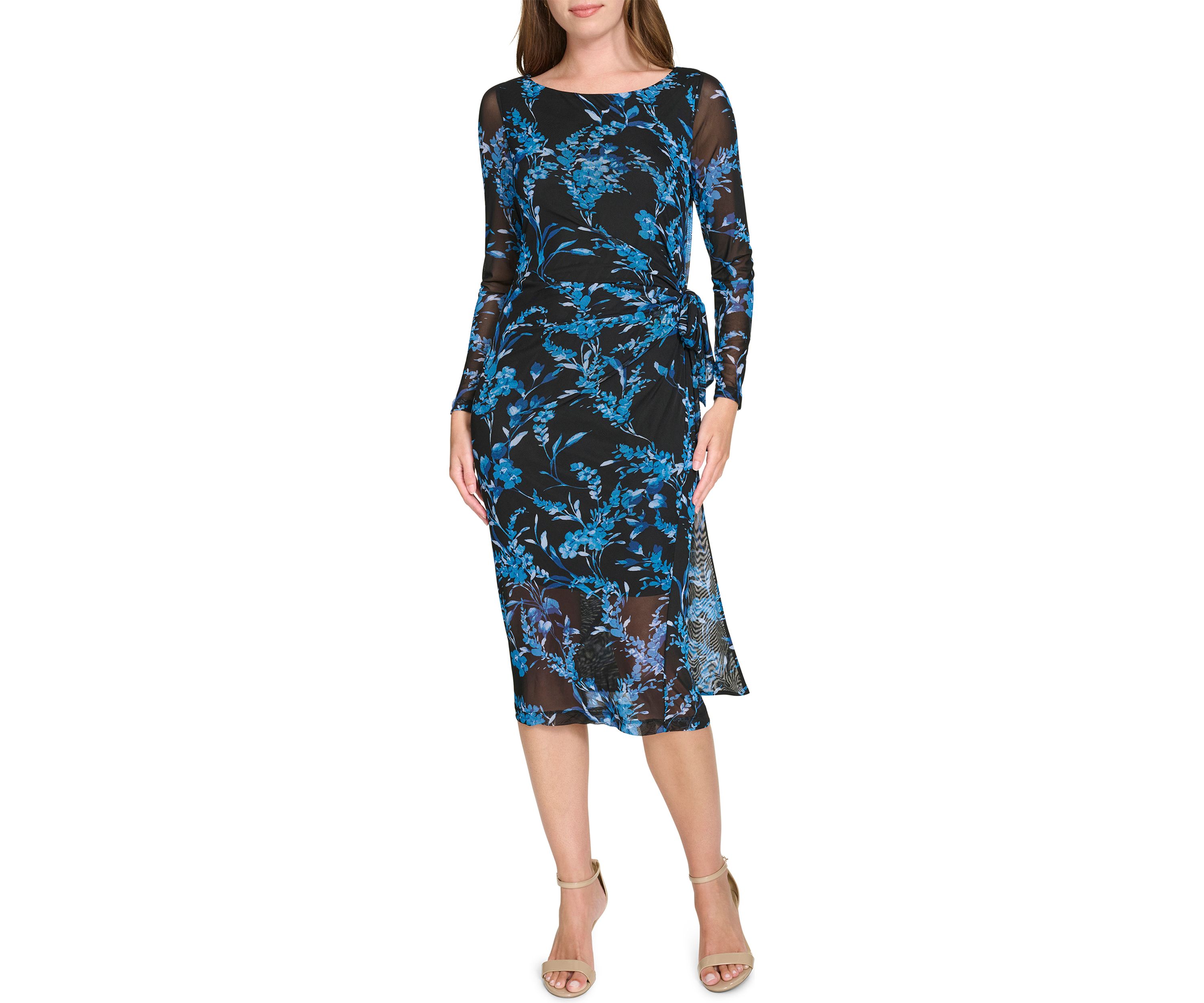 Womens Floral Printed Mesh Midi Sheath Dress