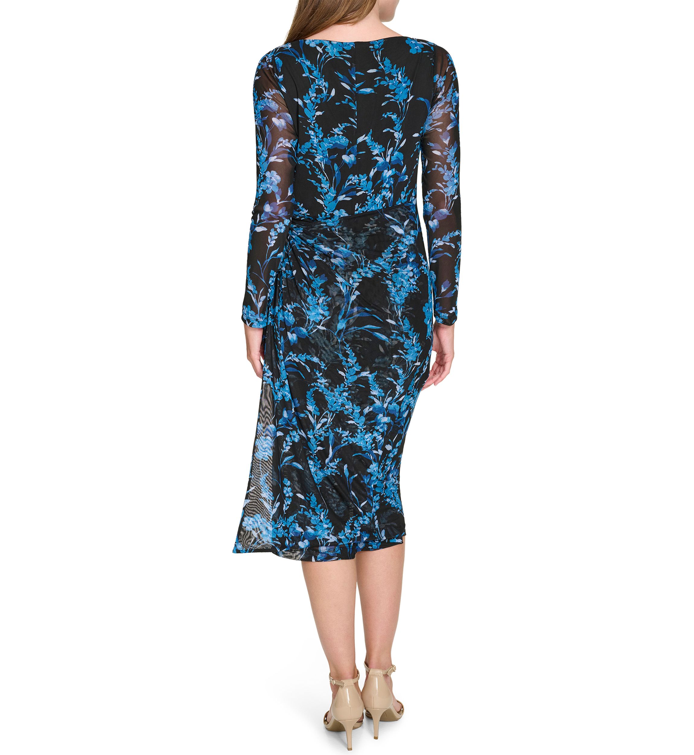 Womens Floral Printed Mesh Midi Sheath Dress