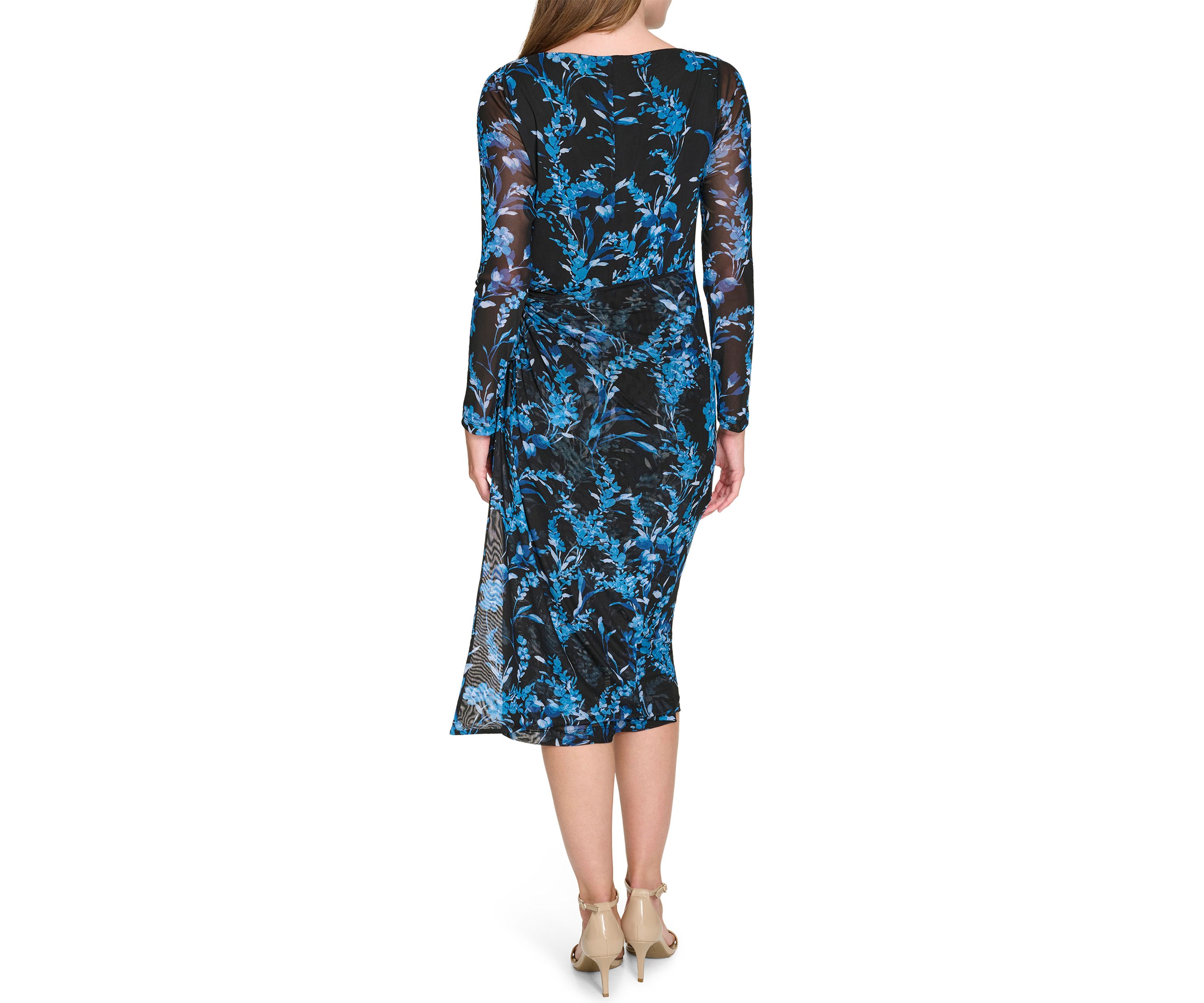 Womens Floral Printed Mesh Midi Sheath Dress