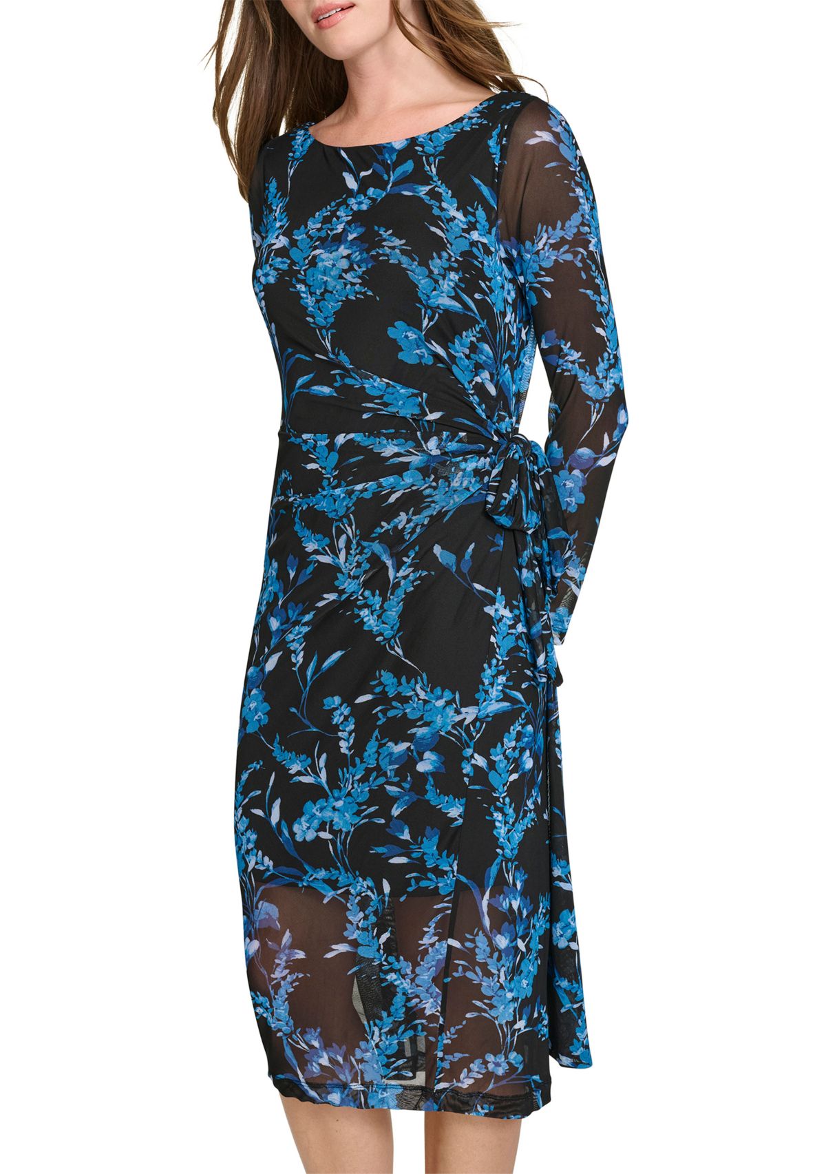 Womens Floral Printed Mesh Midi Sheath Dress