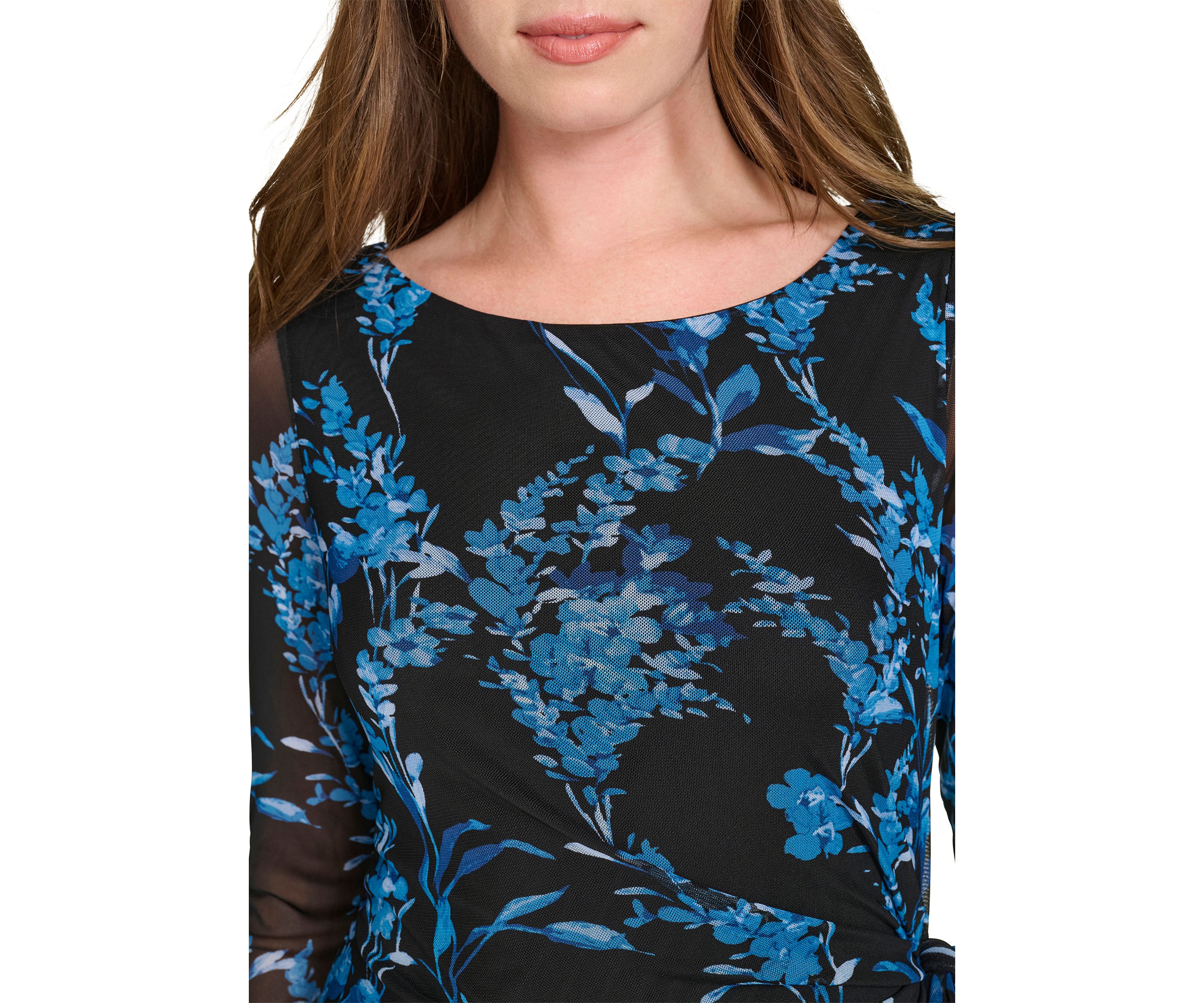 Womens Floral Printed Mesh Midi Sheath Dress