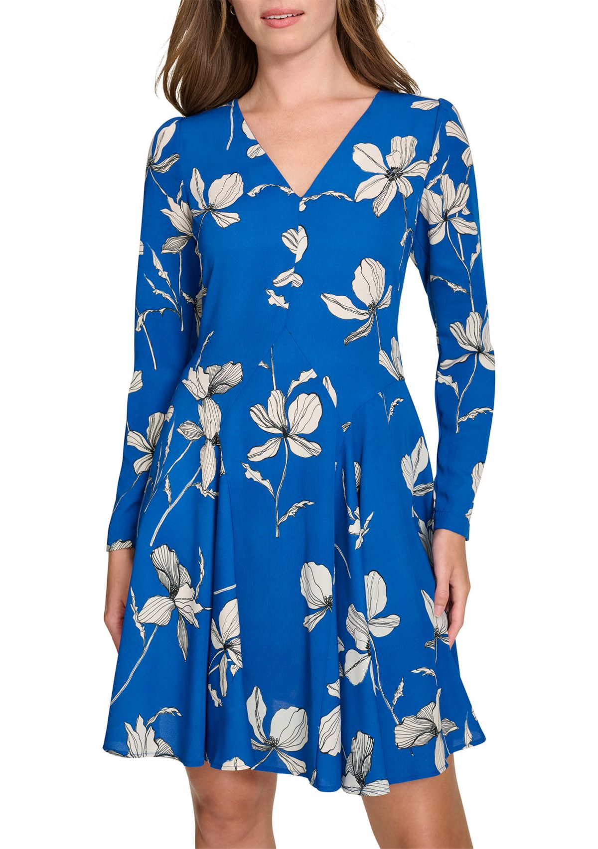 Womens Long Sleeve V-Neck Crepe Fit and Flare Dress