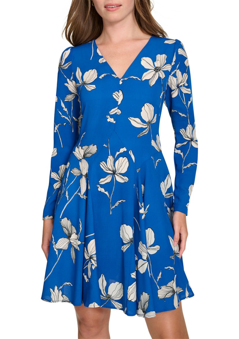 Womens Long Sleeve V-Neck Crepe Fit and Flare Dress