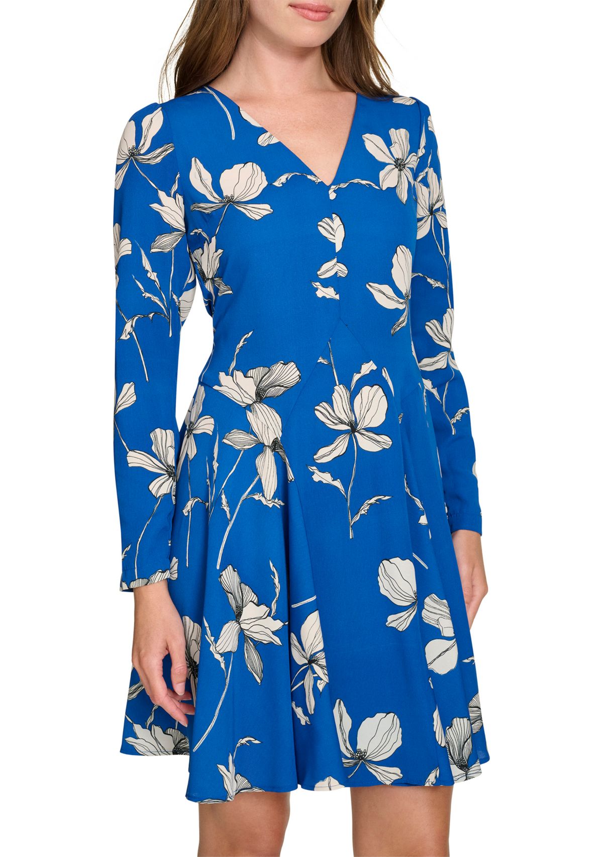 Womens Long Sleeve V-Neck Crepe Fit and Flare Dress