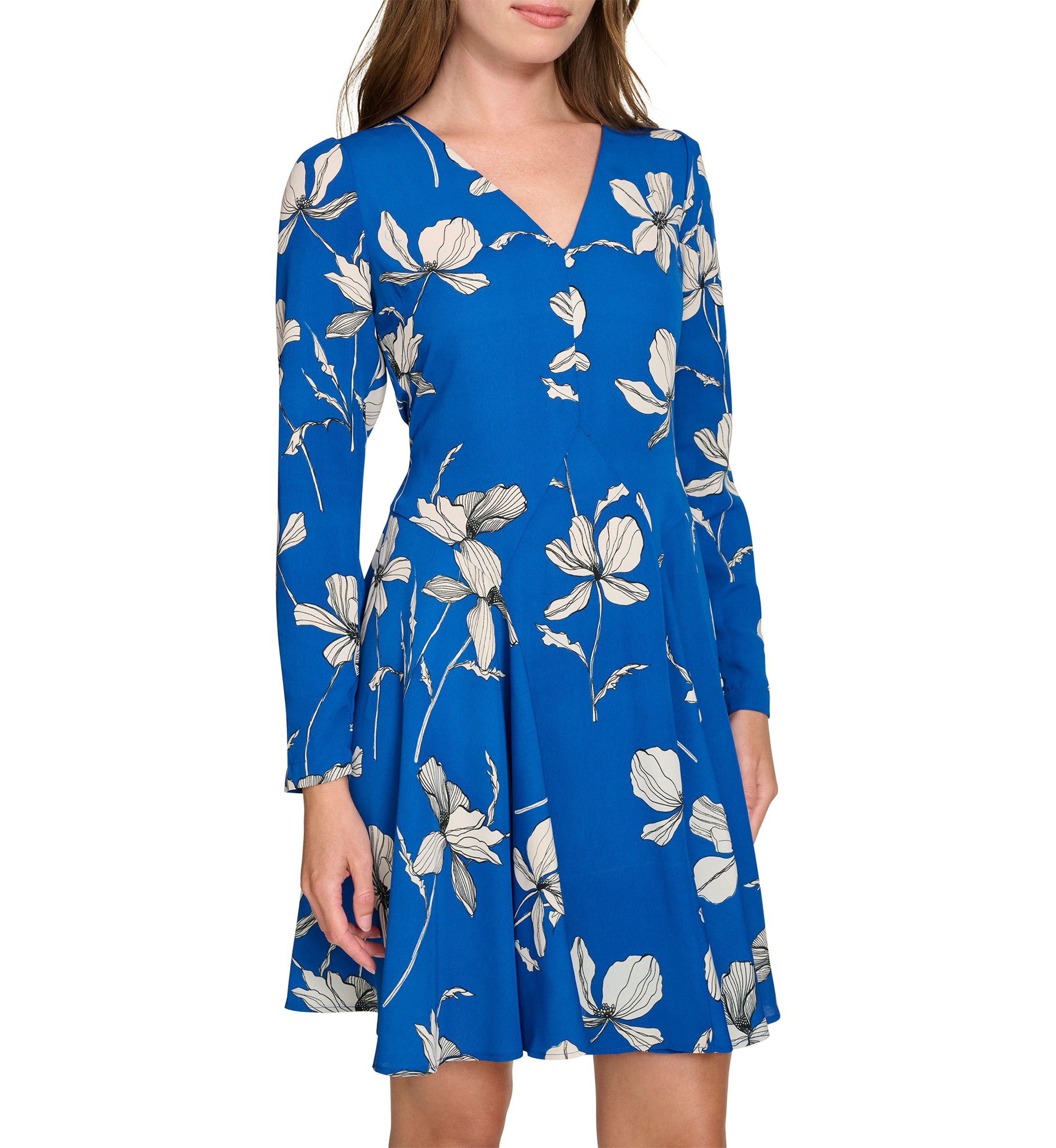Tommy Hilfiger Women's Long Sleeve V-Neck Crepe Fit and Flare Dress, Blue, 6