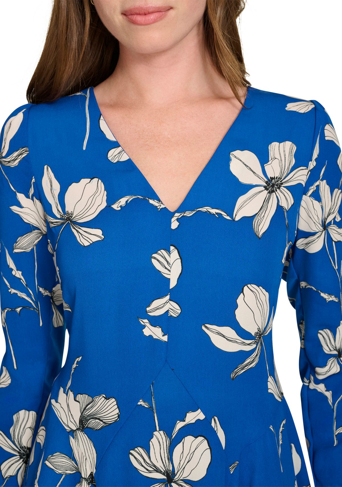 Womens Long Sleeve V-Neck Crepe Fit and Flare Dress