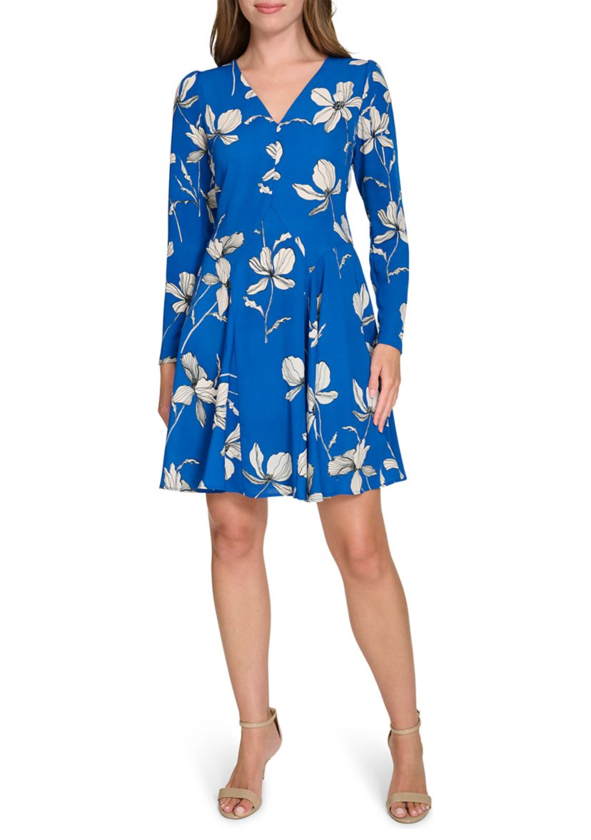 Womens Long Sleeve V-Neck Crepe Fit and Flare Dress