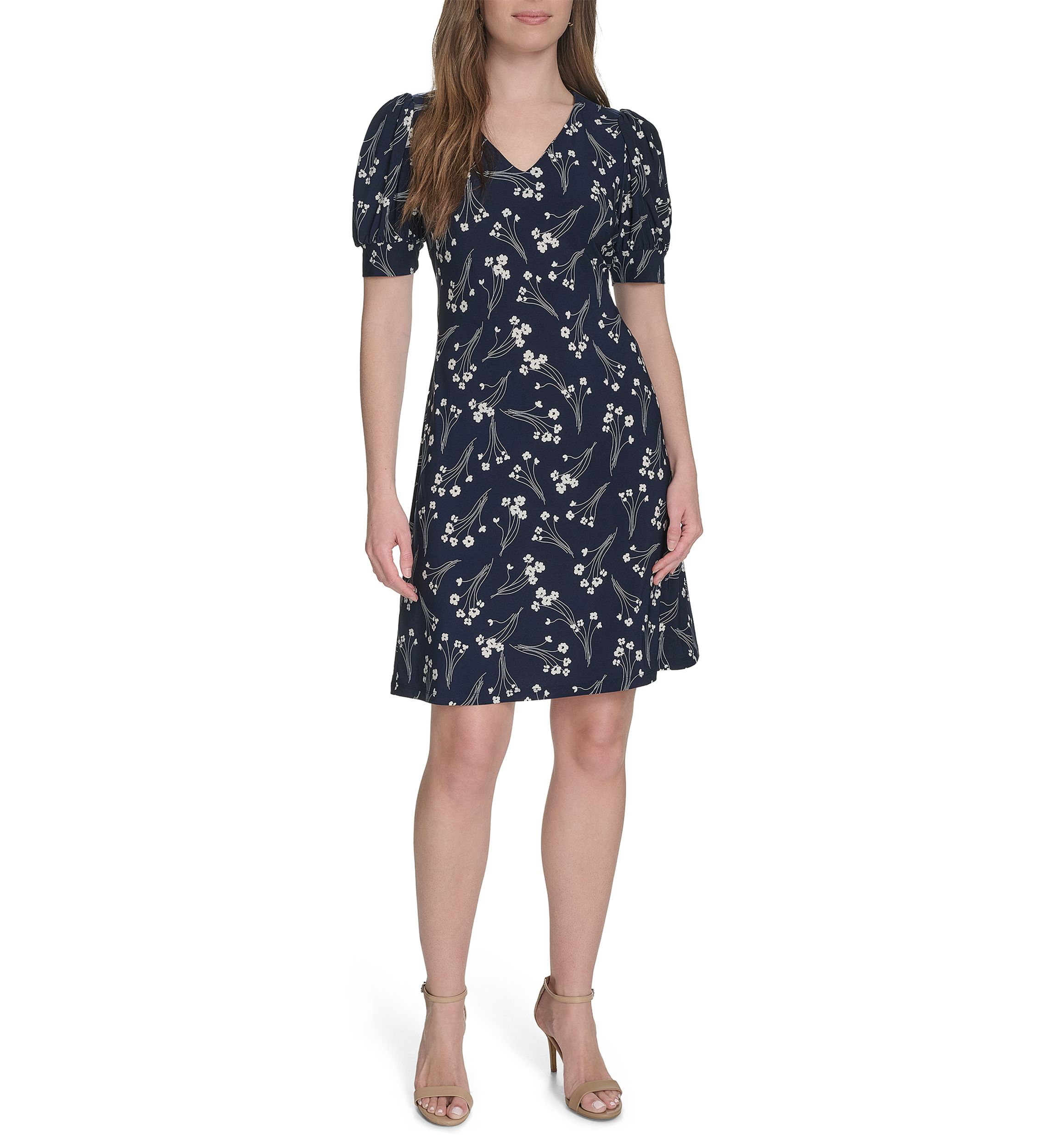 Womens Short Puff Sleeve V-Neck Jersey Shift Dress 